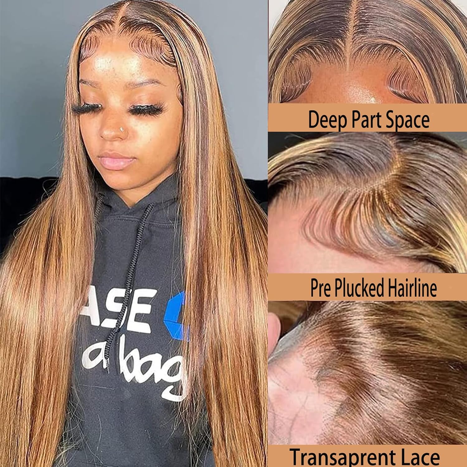 Highlight Ombre Lace Front Wig Human Hair 28Inch Honey Blonde Lace Front Wigs Human Hair 13x6 HD Lace Front Wig Human Hair 180% Density 4/27 Colored Straight Human Hair Pre Plucked with Baby Hair - Image 2