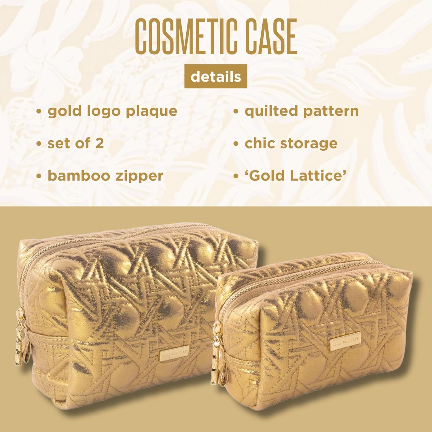 Lilly Pulitzer Gold Quilted Zipper Pouches, Cute Cosmetic Case for Women, Travel Toiletry Bag, Small Pouch Bag for Supplies, Set of 2, Makeup or Toiletries, Gold Lattice - Image 4