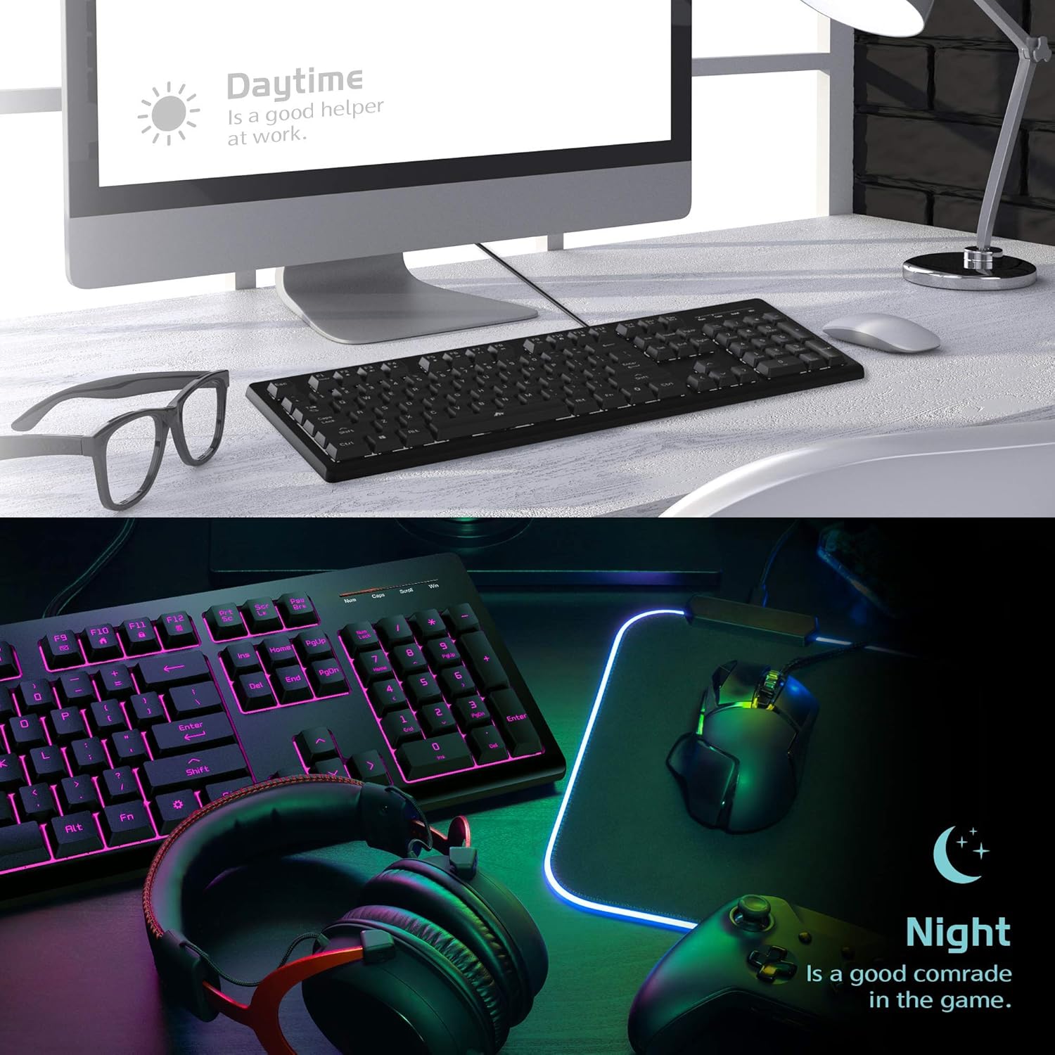 Light Up Quiet Gaming Keyboard - Membrane Silent Wired Keyboard with Low Profile Lighted Key for Computer, Windows PC Gamer - Full Size, Black - Image 6