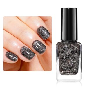 Black Glitter Nail Polish Fast Air Drying Regular Nail Polish Sparkly Shimmer Black Nail Lacquer High Shine Toe Fingernail Polish Nails Art Salon Manicure at Home Gift for Women Girls