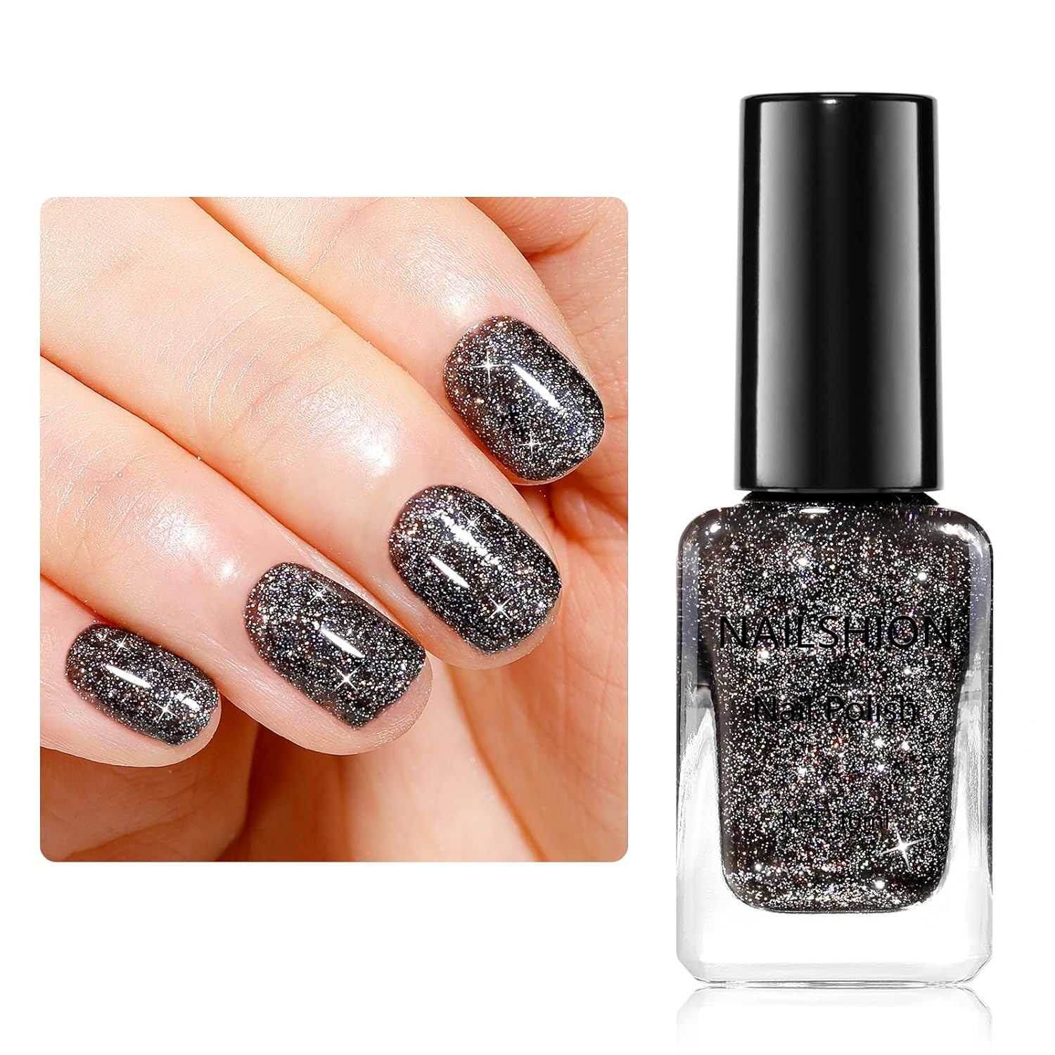 Black Glitter Nail Polish Fast Air Drying Regular Nail Polish Sparkly Shimmer Black Nail Lacquer High Shine Toe Fingernail Polish Nails Art Salon Manicure at Home Gift for Women Girls