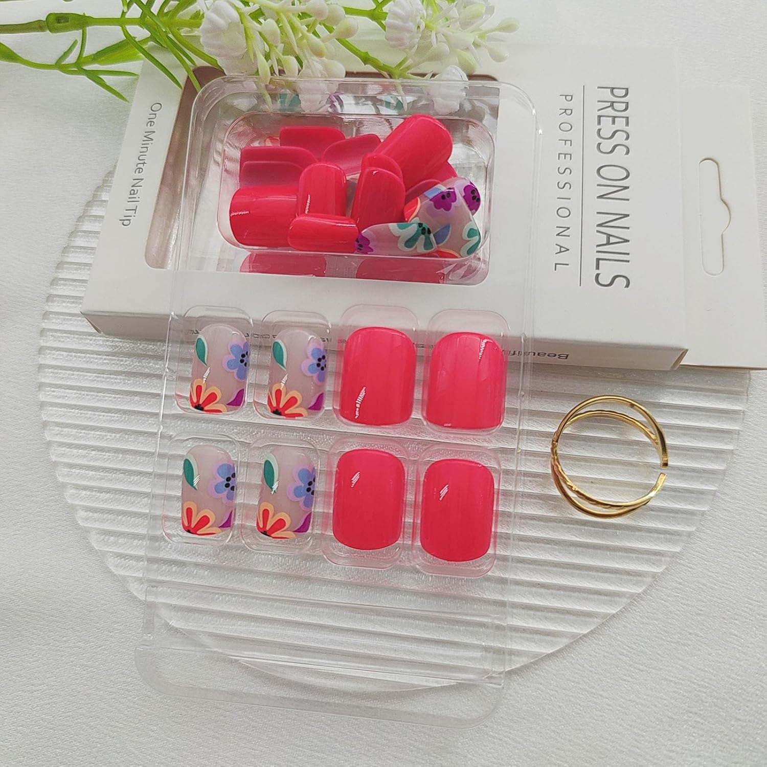 Square Press on Nails Short Fake Nails with Colorful Flower Designs Orange Red Nails Press ons Glossy Glue on Nails Acrylic False Nails Full Cover Stick on Nails for Women 24Pcs - Image 6