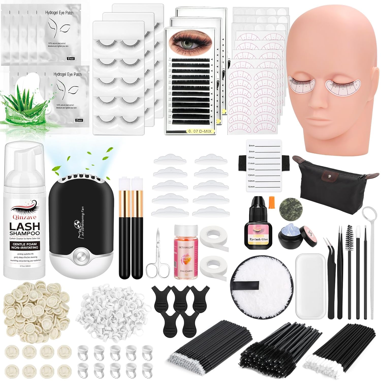Lash Kit for Eyelash Extension Beginners Eyelash Extension Kit with Lash Mannequin Head, Eyelash Extension Practice Starter Kit with Everything USB Fan Lash Glue False Eyelash Lash Shampoo