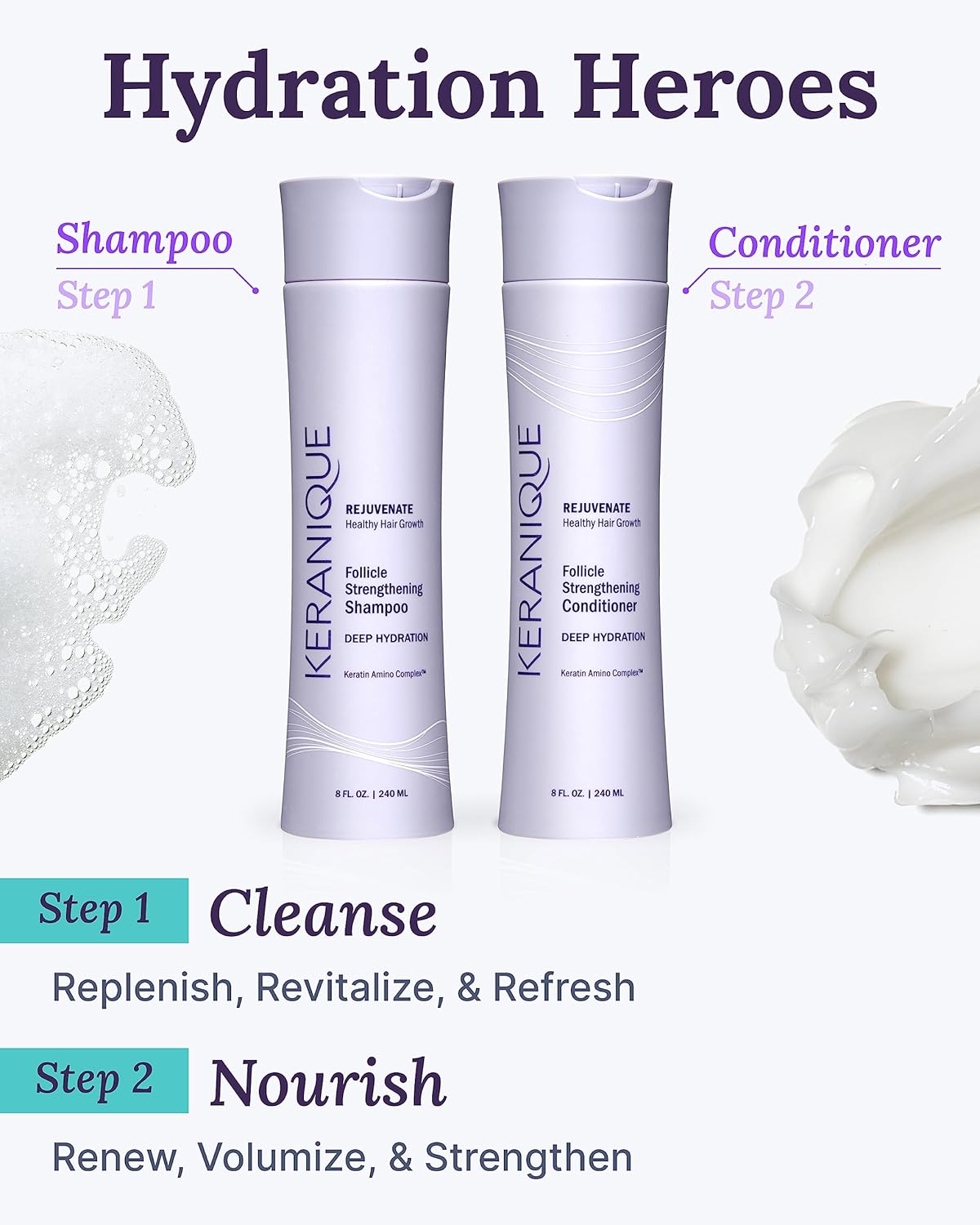 Keranique Hydrating Shampoo and Conditioner Set - Deep Hydration Hair Shampoo and Conditioner for Repairing Natural Moisture with Keratin - Sulfate-Free Intense Hydrator for Dry, Thin, Damaged Hair - Image 4