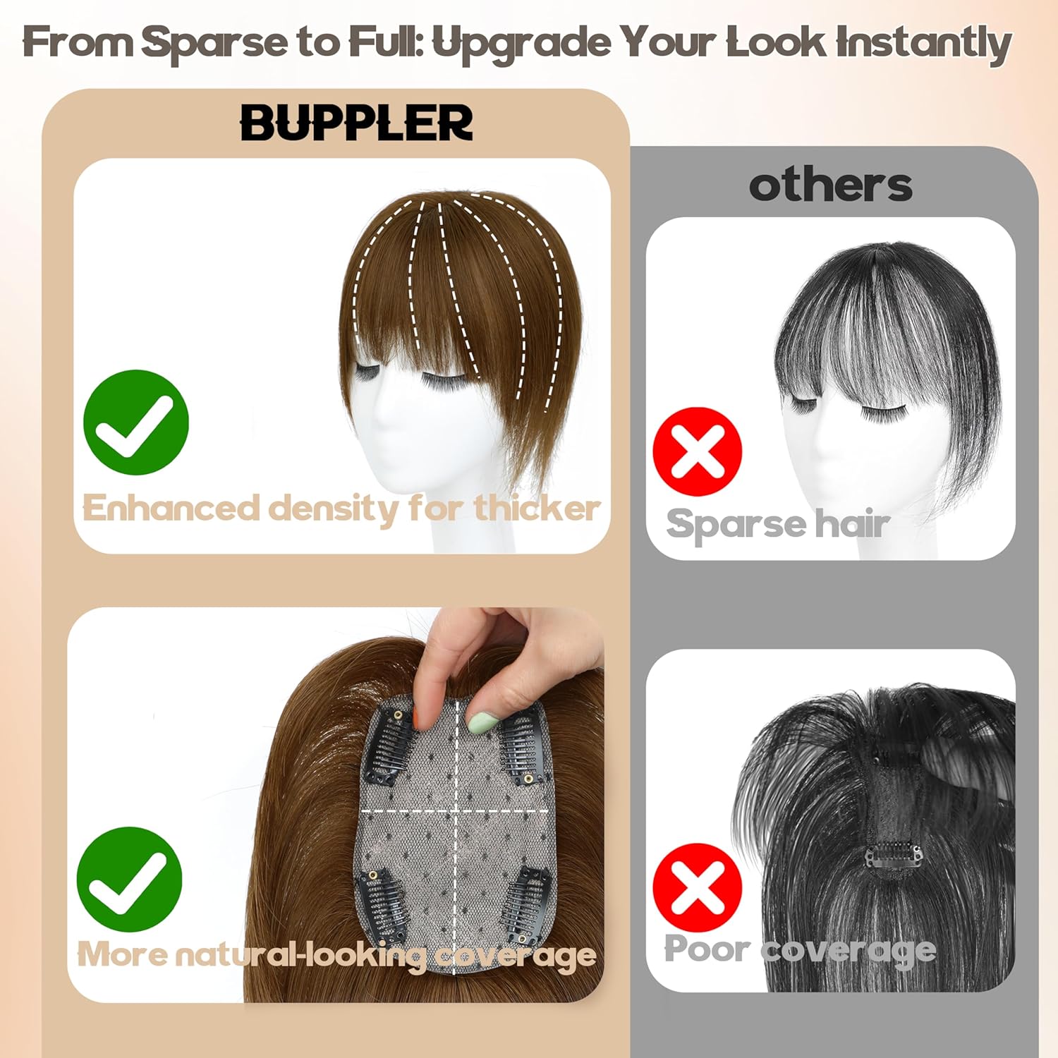 Hair Toppers for Women Real Human Hair-U Shape Toppers Hair Pieces for Women with Thinning Hairr 150% Density Silk Base Clip in Human Topper with Bangs for Daily Use(Brown - Image 4