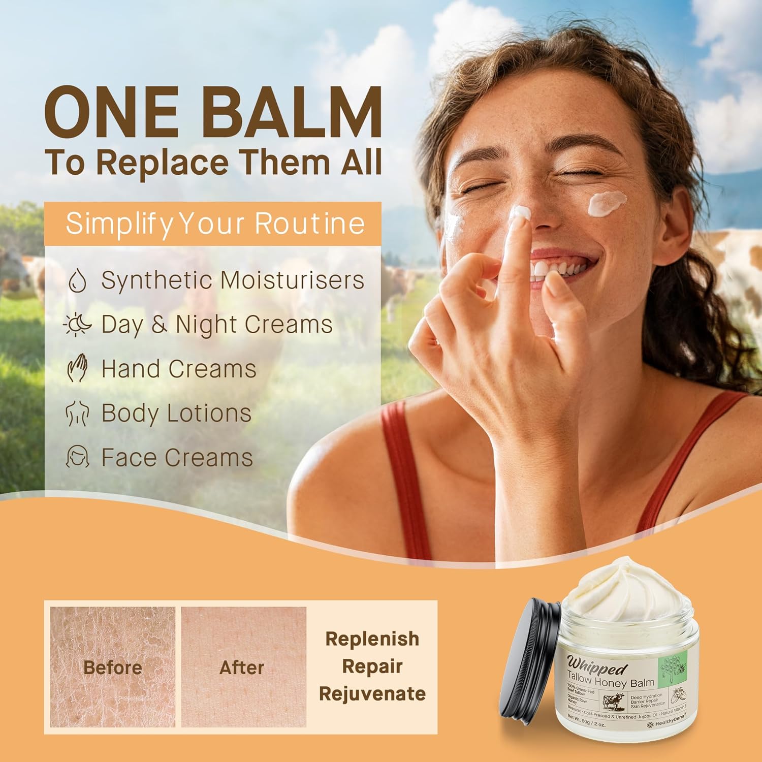Beef Tallow Honey Balm for Skin: 100% Grass Fed Whipped Organic Moisturizer with Organic Raw Honey, Jojoba Oil, Vitamin E – Natural Face and Body Care for Mature, Dry or Sensitive Skin, 2oz - Image 6