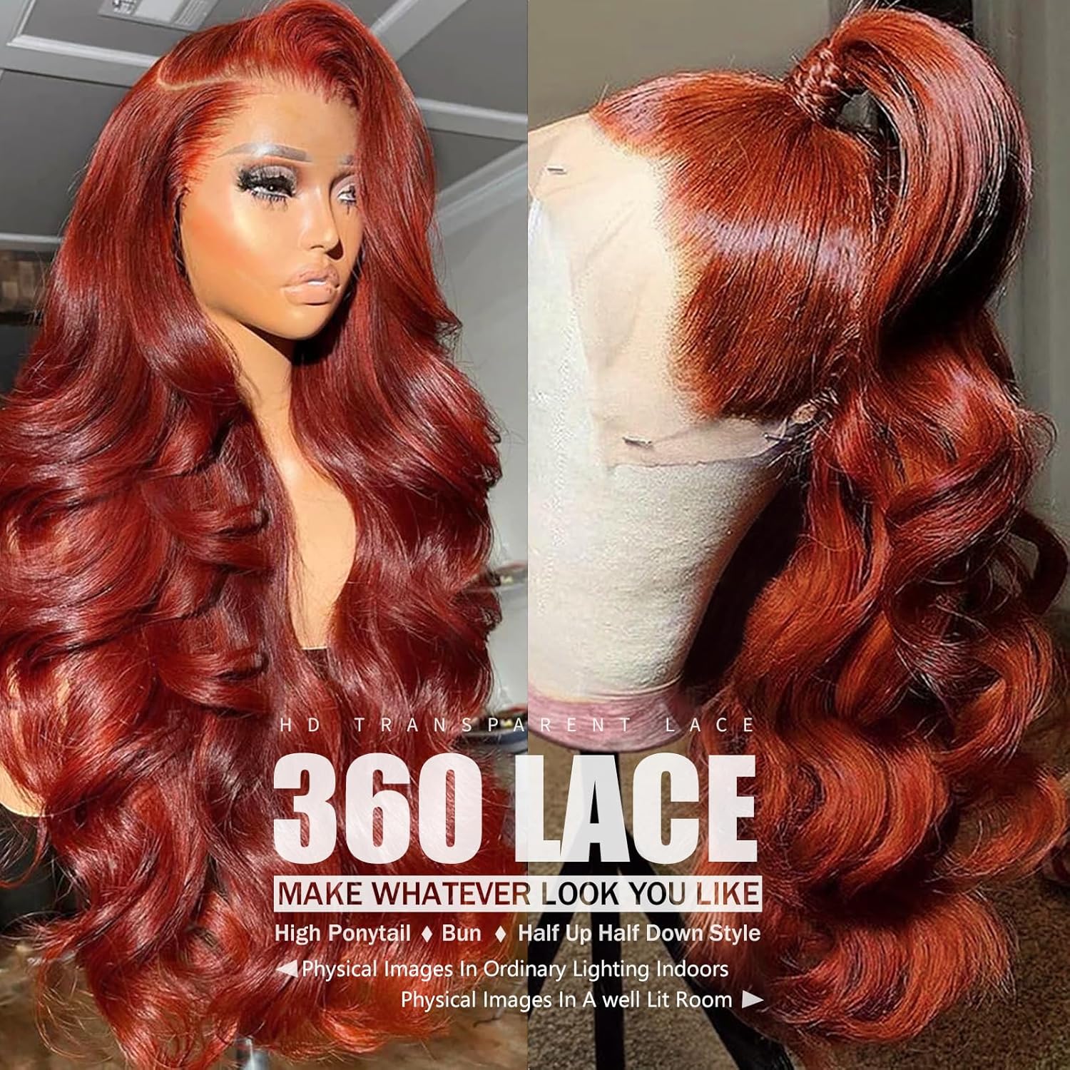 360 Reddish Brown Lace Front Wigs Human Hair 180% Density Copper Red Human Hair Lace Front Wig Pre Plucked 33# Auburn Brown Body Wave 360 Wig Ginger Brown Colored Wigs for Women 22" - Image 3