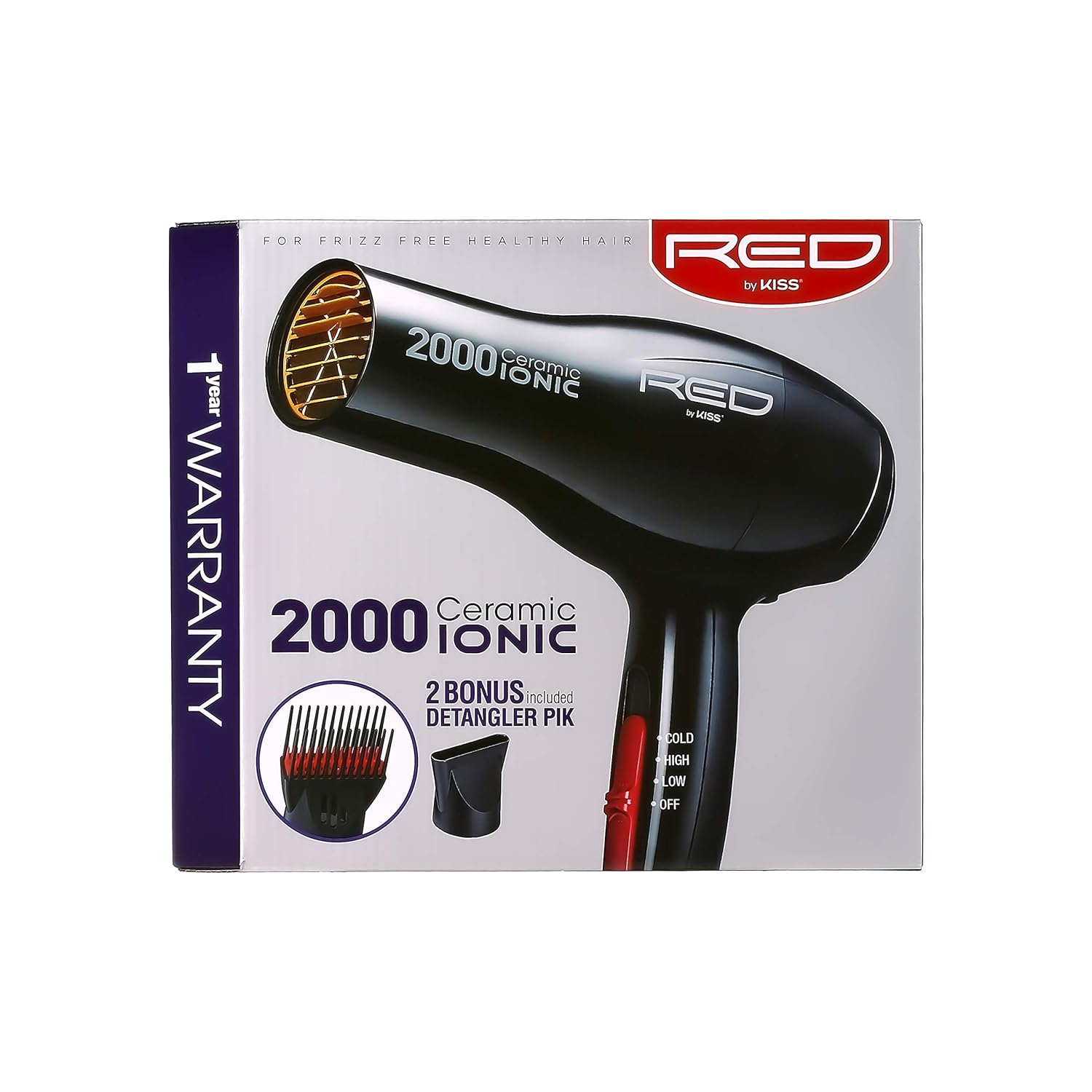 RED by Kiss Hair Dryer Ionic Hair Blow Dryer - Ceramic Technology, Anti-Frizz, 3 Heat Settings, Lightweight, 2 Detangler Piks - Image 6