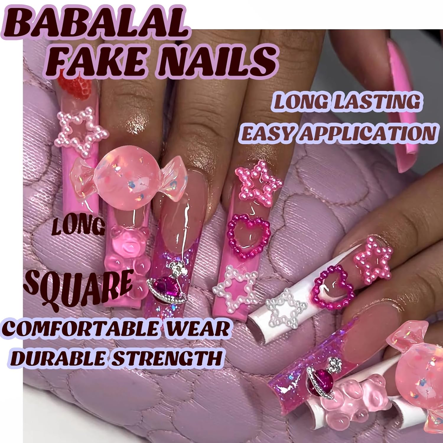 BABALAL Pink Press on Nails Long Square Fake Nails Cute Glue on Nails 3d Bear Candy Star Heart Strawberry Charm Acrylic Nails Rhinestone Squoval Manicure Stick on False Nails 24Pcs Nails Press on - Image 5