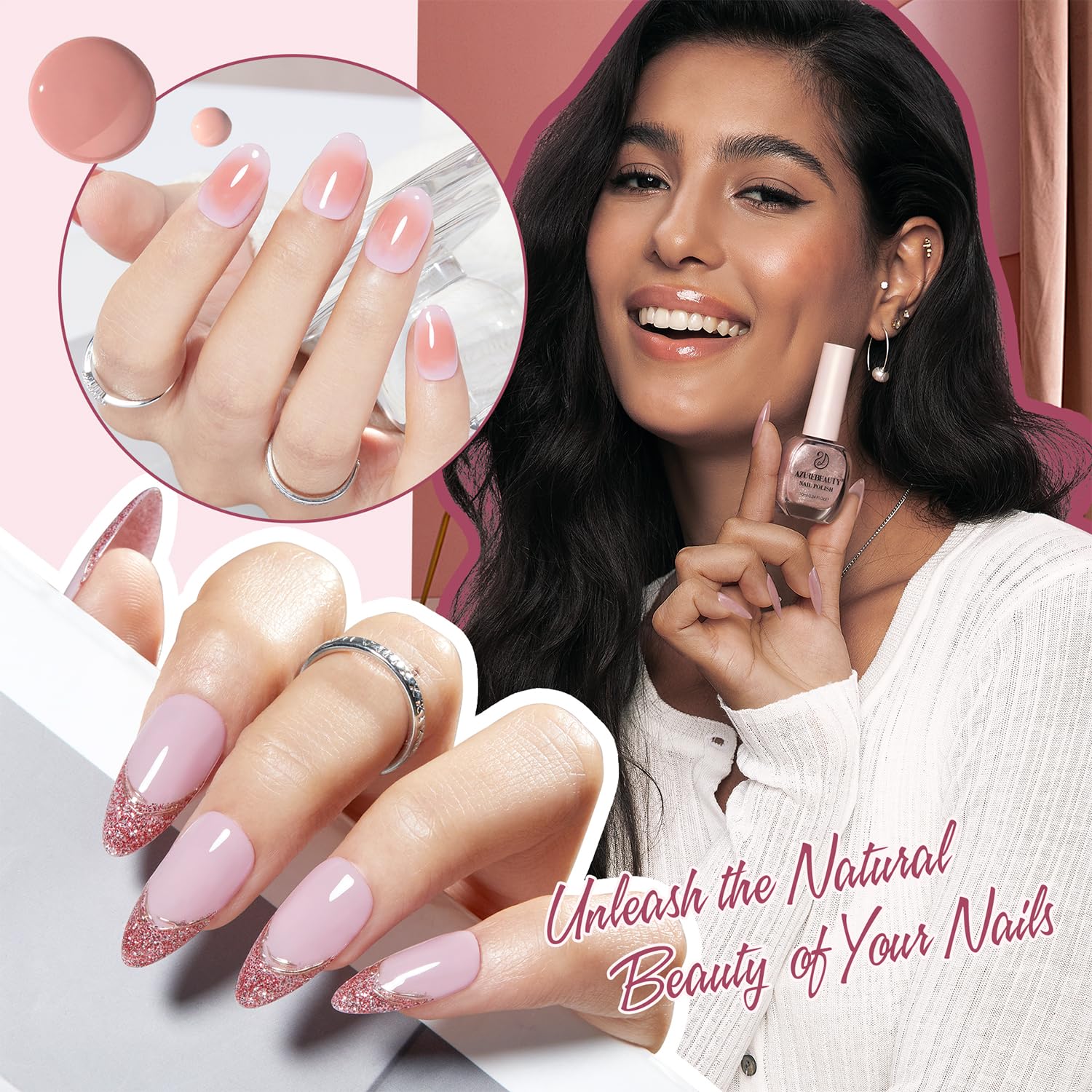 AZUREBEAUTY Light Dark Pink Nude Orange Champagne Glitter Quick Dry Nail Polish Set 8 Colors, Natural Nail Lacquer Strengthening Treatment Kit DIY Salon - Image 4