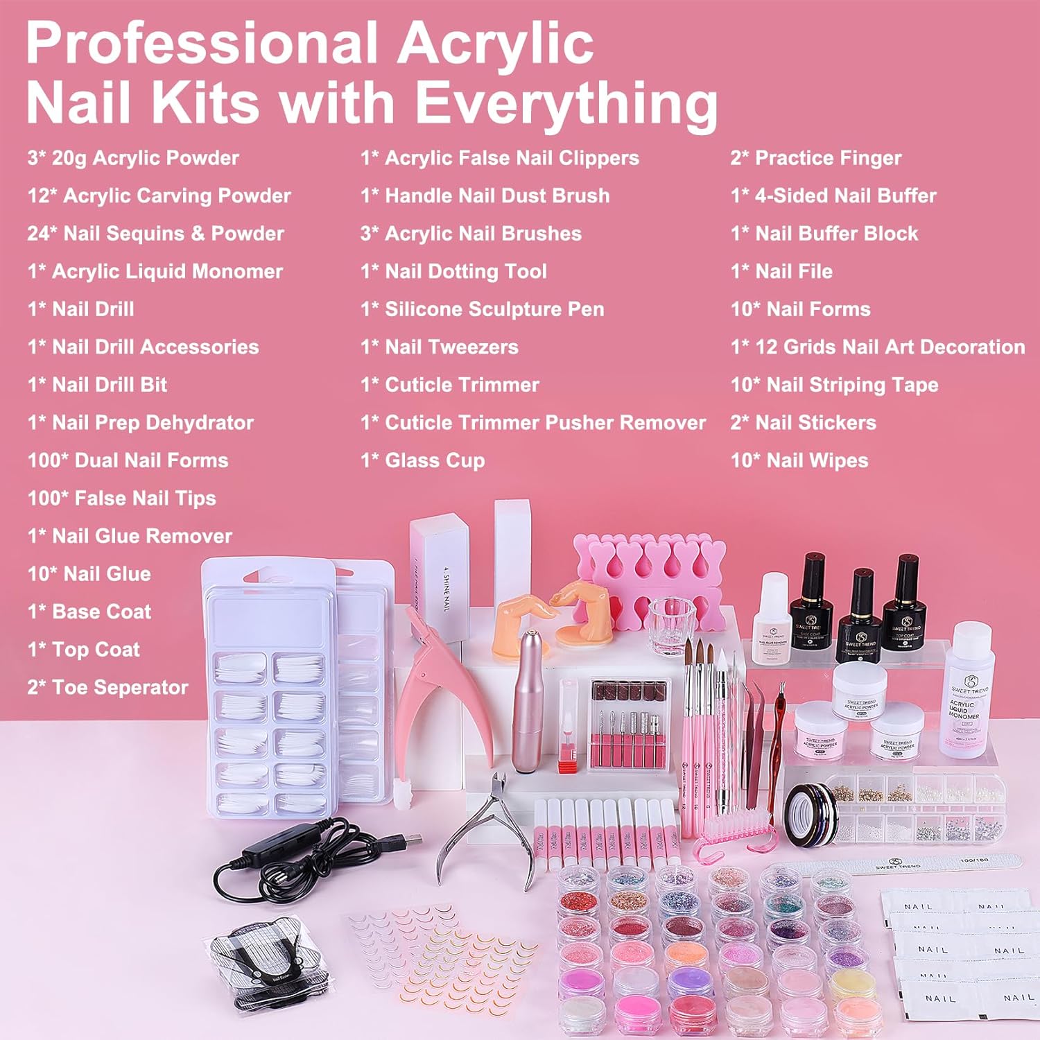 Acrylic Nail Kit with Everything: Beginners Set with Drill - Professional Acrylic Powder Glitter Monomer False Tips Top Base Coat Starter Kit - Full Decorations Nail Supplies for Nail Extensions Gift - Image 2