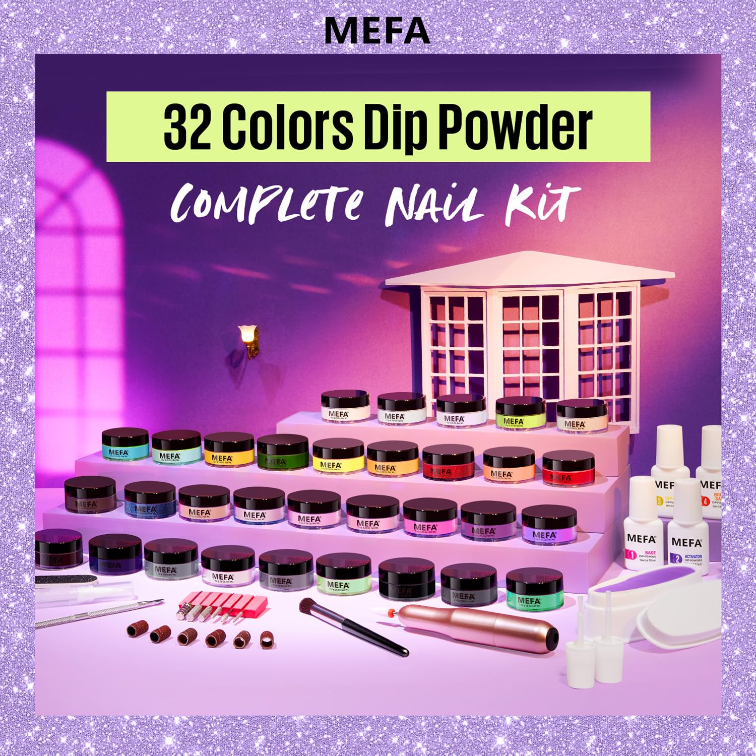 MEFA Dip Powder Nail Kit with Portable Electric Nail Drill, Summer Glitter Shimmery Hot Pink Pastel Violet Neon Orange 32 Colors Dipping Powder Liquid Set Bright Shades French Nail Art Manicure Salon - Image 7