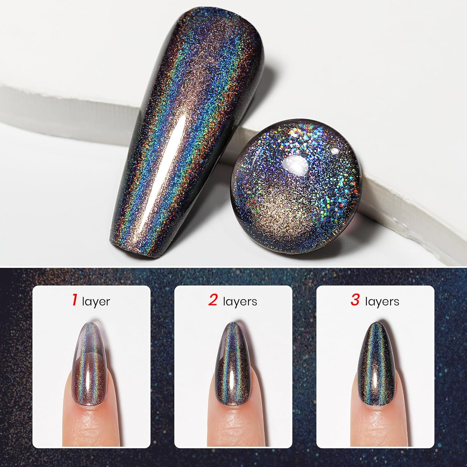 MIZHSE Holographic Nail Polish, Black Glitter Nail Polish Air Dry Fast, 15 ml 0.5 fl oz High Glossy Shiny Nail Pigment Oil-based Laser Iridescent Chrome Halo Nail Art Salon Manicure Home - Image 2