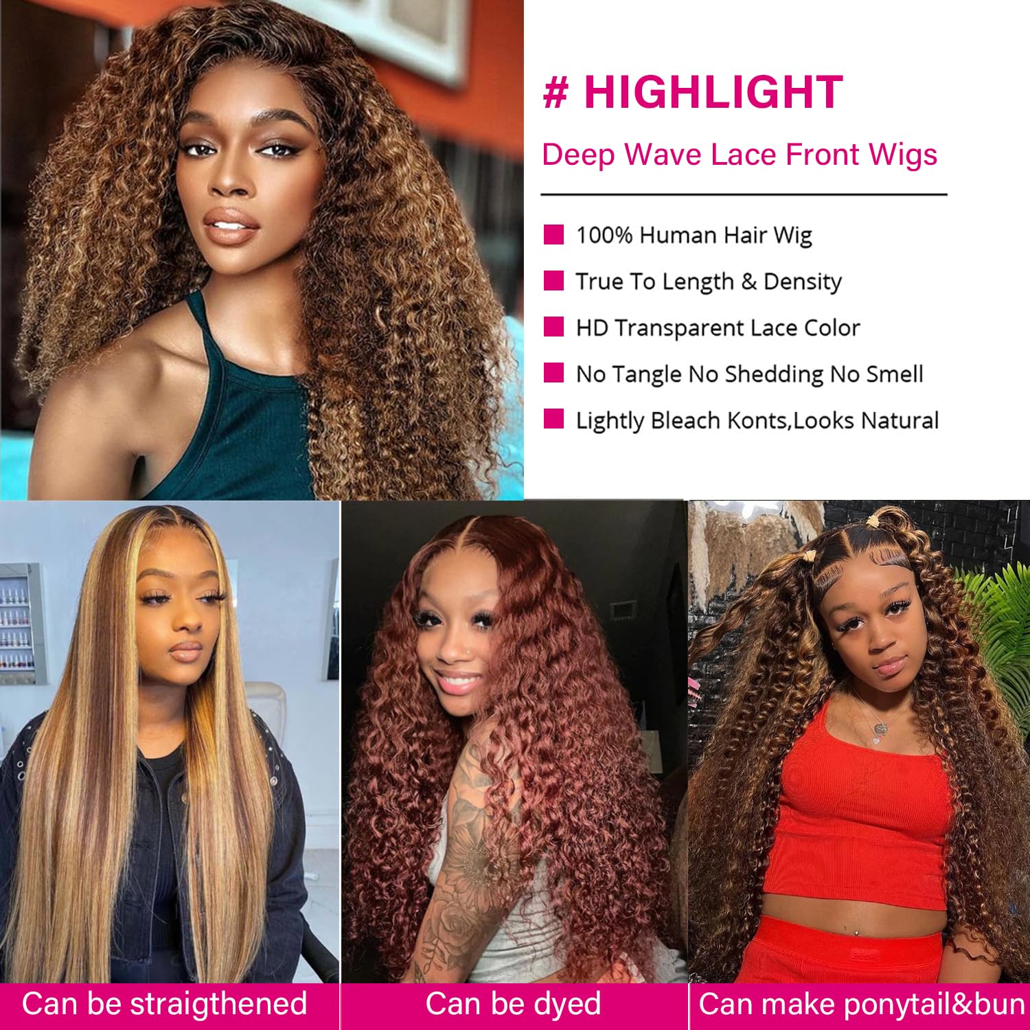 Highlight Ombre 13x6 Lace Front Wig Human Hair 13x6 Deep Wave HD Lace Frontal Wig for Women 180 Density Honey Blonde Deep Curly Frontal Wig Pre Plucked 4/27 Color 26 Inch - Image 2