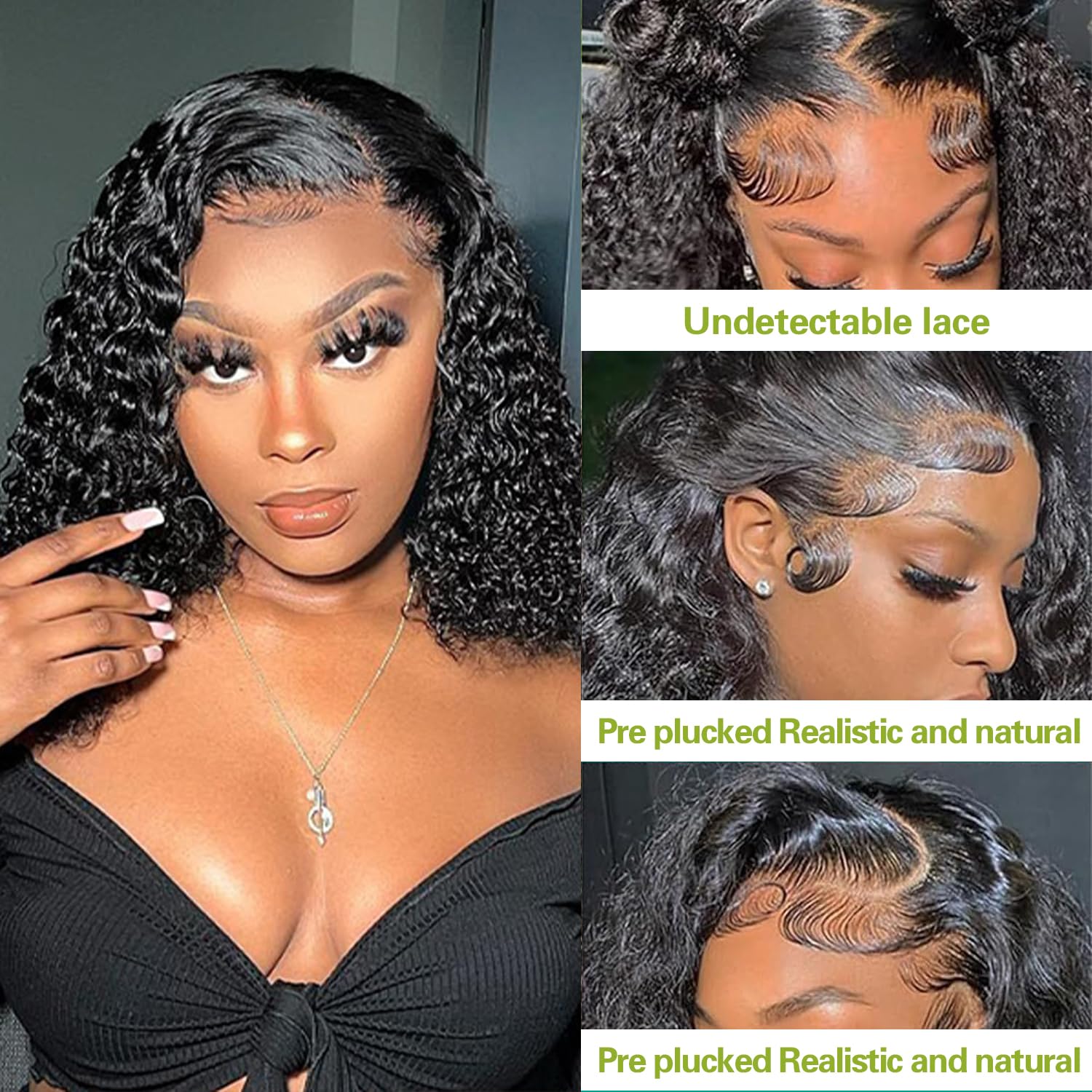 Water Wave 13x4 Hd Lace Front Wigs Human Hair 200% Density Short Curly Bob Wig Human Hair Lace Frontal Wigs for Black Women Deep Wave Pre Plucked Glueless Wig 14 INCH Natural Black - Image 2