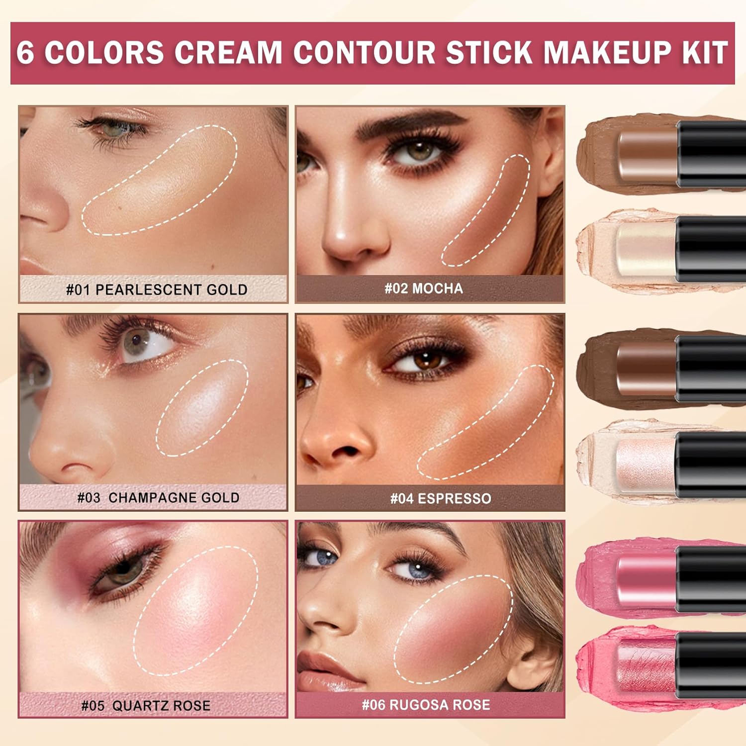 6 Colors Cream Contour Stick Makeup Contour Kit,Double-ended Cream Bronzer Stick,Highlighter Stick,Cream Blush Stick,Lightweight Contour Makeup Kit for Beginners - Set A - Image 2