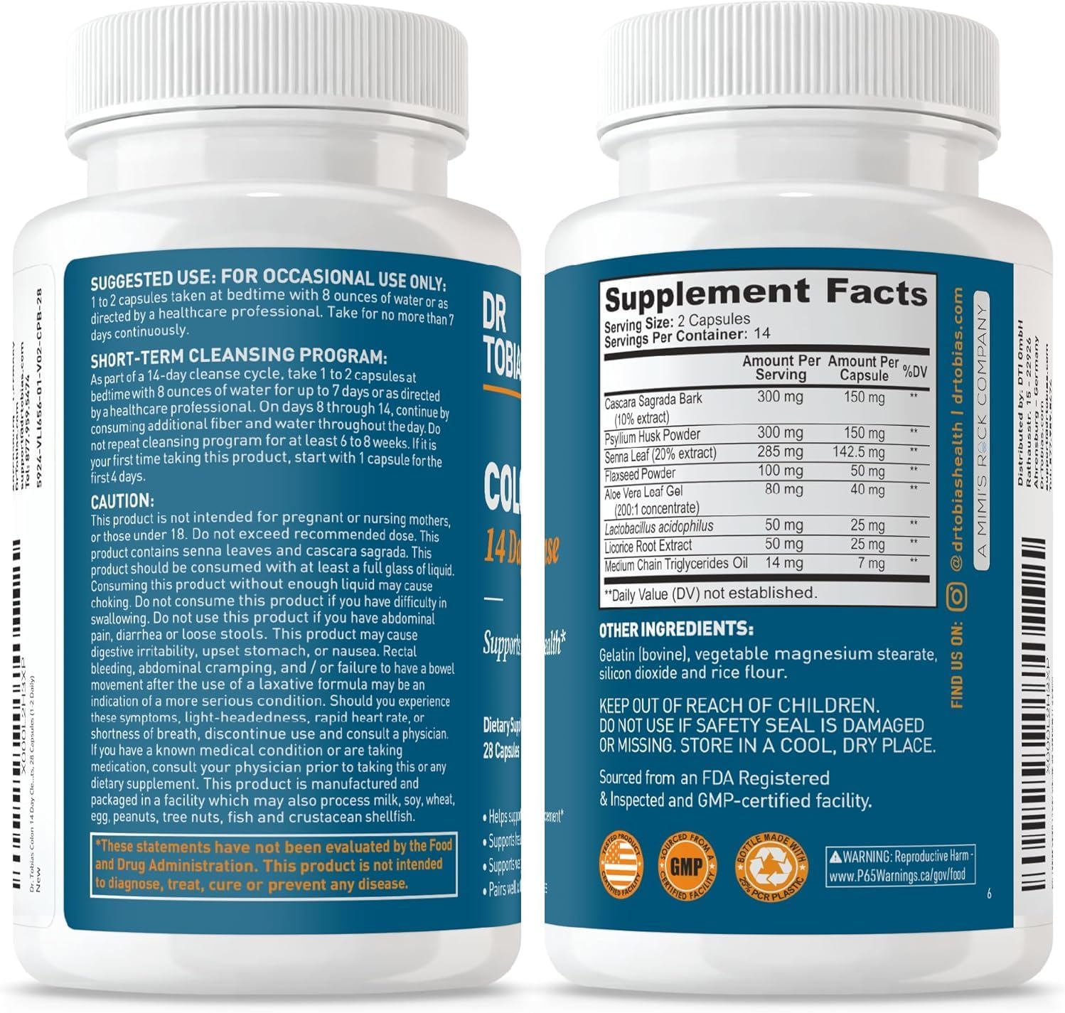 Dr. Tobias Colon 14 Day Cleanse, Advanced Gut Cleanse Detox for Women & Men with Cascara Sagrada, Psyllium Husk, Senna Leaf & Probiotics, Non-GMO Colon Cleanse, 28 Capsules 1-2 Daily - Image 7