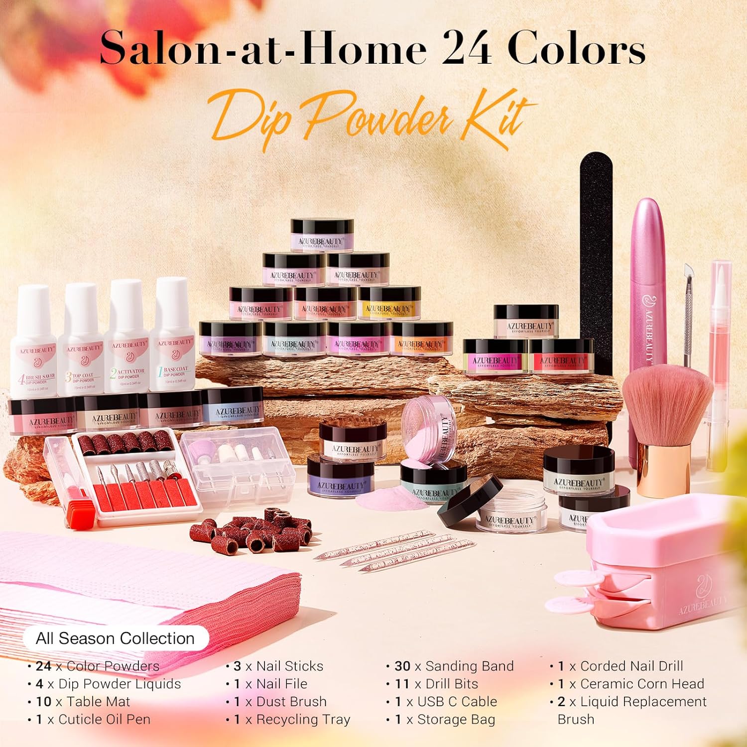 AZUREBEAUTY Dip Powder Nail Kit with Electric Nail Drill 24 Colors Bright Green Pink Orange Nail Starter Kit with Dip Liquids Base Top Coat Activator Portable Manicure French Nail Art Essential Set - Image 7