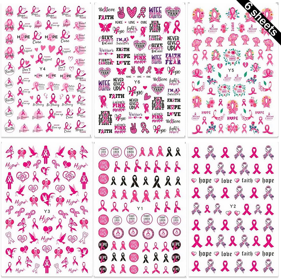 6 Sheets Breast Cancer Nail Art Stickers 3D Self-Adhesive Heart Letter Nail Stickers Pink Ribbon Nail Decals Breast Breast Cancer Nail Design Stickers for Women Girls Acrylic Manicure Salon - Image 7