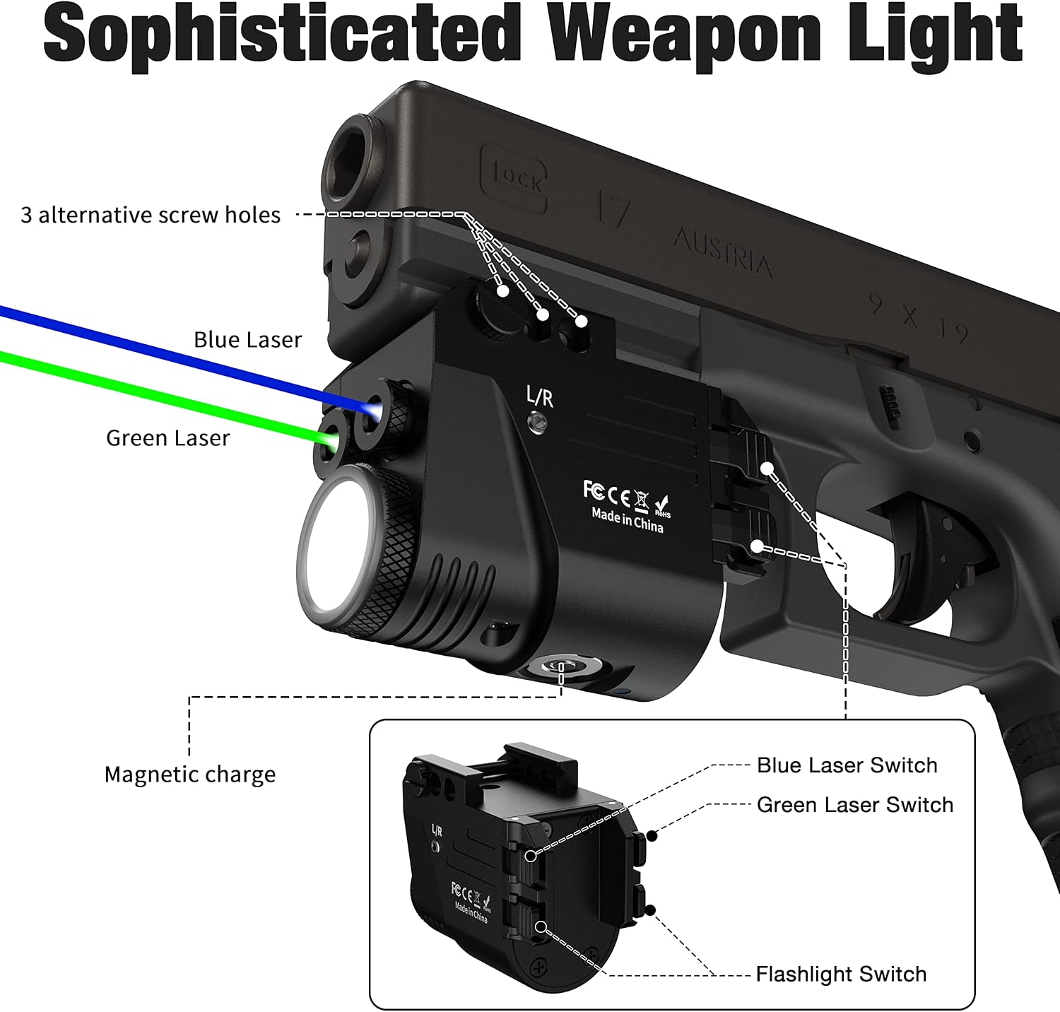 500 Lumen Blue Green Laser Light for Pistol, Rechargeable Rail Mounted Flashlight Laser Combo for Picatinny Rail, Magnetic Charging - Image 4