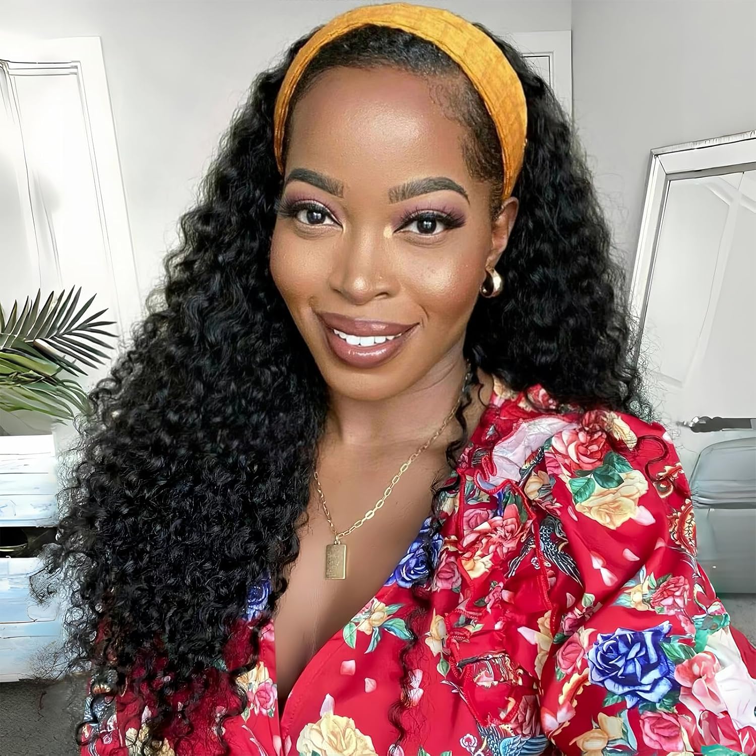 Curly Headband Wig Human Hair 18 inch None Lace Front Wig Machine Made Wigs Glueless Water Wave Headband Wigs for Black Women Human Hair Natural Color