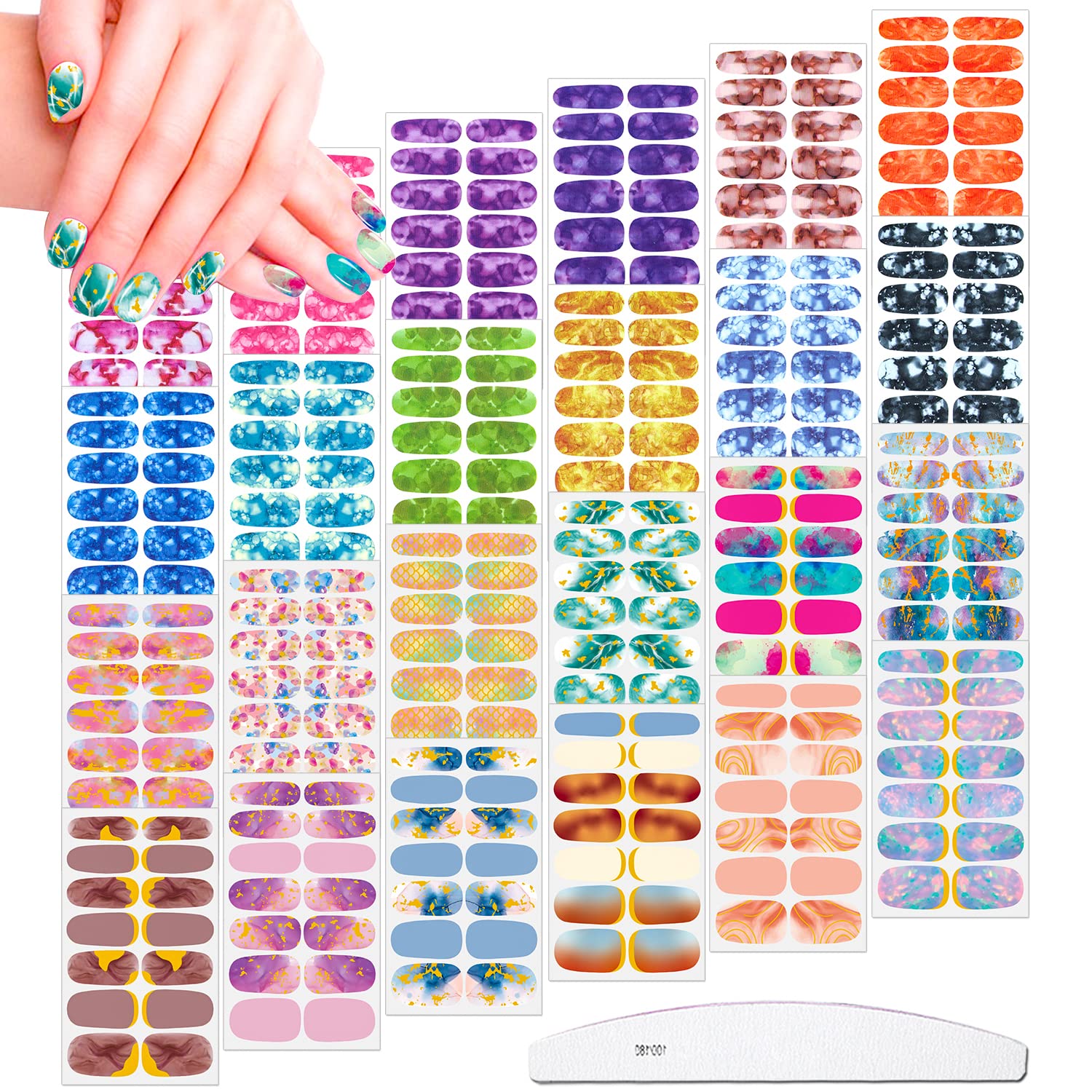 JERCLITY 336 Pieces 24 Sheets Women's Full Wrap Marble Nail Polish Strips Stickers Self-Adhesive Solid Color Gel Nail Strips Decals with Nail File for Women Girls Nail Decorations (Fresh Style)