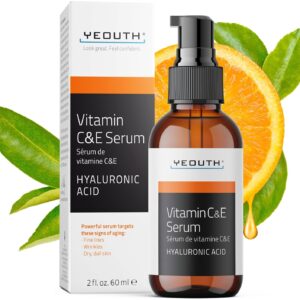 YEOUTH Vitamin C Face Serum with Vitamin E and Hyaluronic Acid, Hydrating Vitamin C Serum for Face, Targets the Appearance of Dull Spots 2oz
