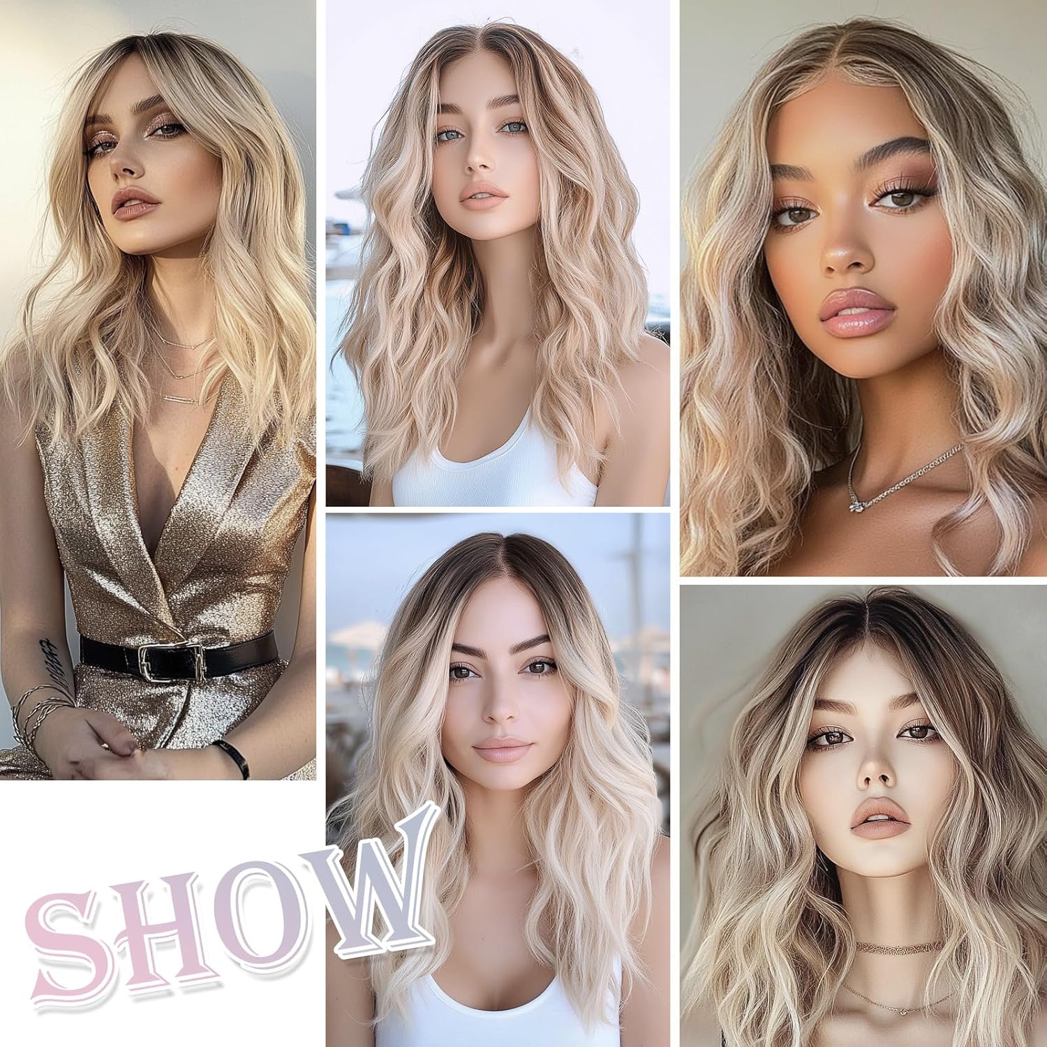 Medium Length Ombre Blonde Ash Wavy Wigs for Women 18 Inch Middle Part Wavy Blond Wig Natural Looking Dirty Blonde Synthetic Heat Resistant Fiber Dark Roots Wig for Daily Party Use (18 inch) - Image 5