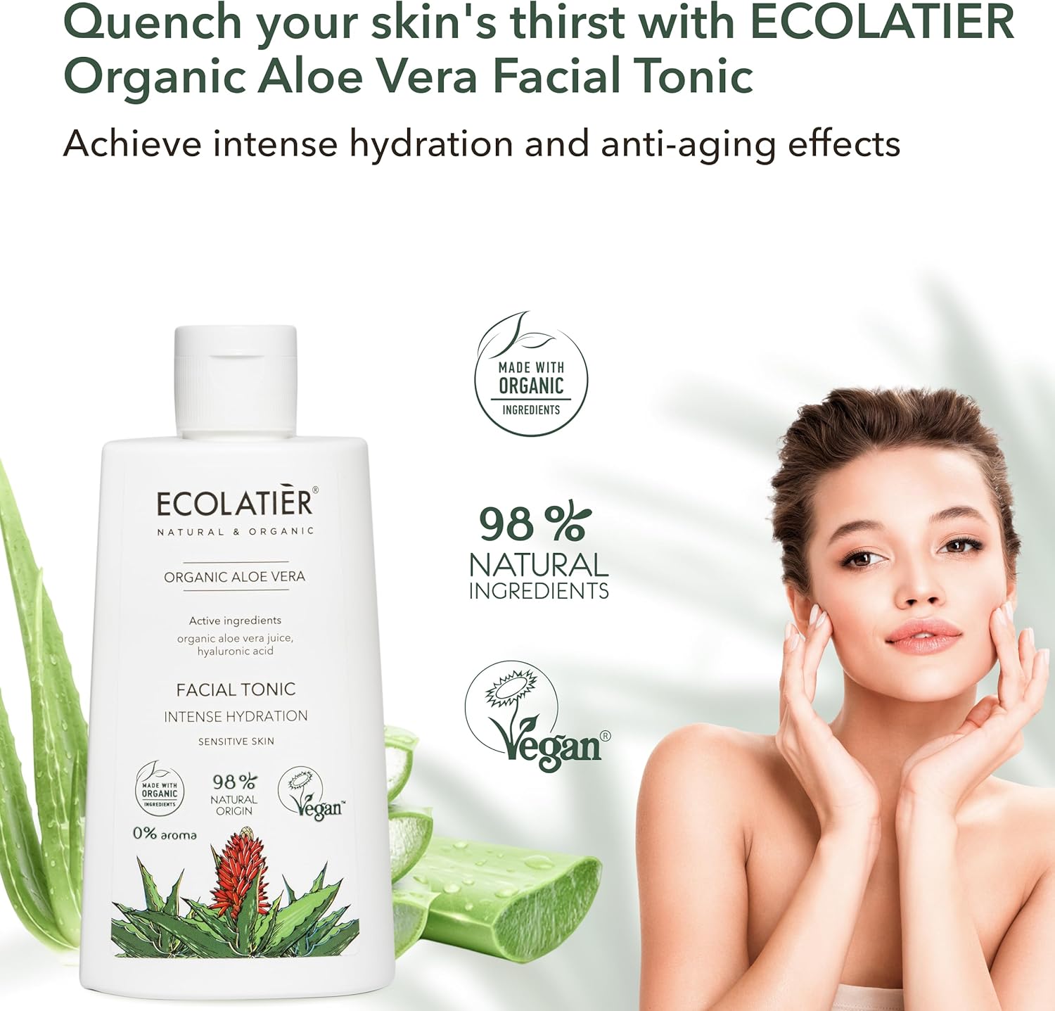 Toner for Face with Organic Aloe Vera โ Intense Hydration, Vegan, 98% Natural, Moisturizing & Soothing for Sensitive Skin, Gentle Daily Use, Tones & Softens, 8.5 Fl Oz / 250ml - Image 2