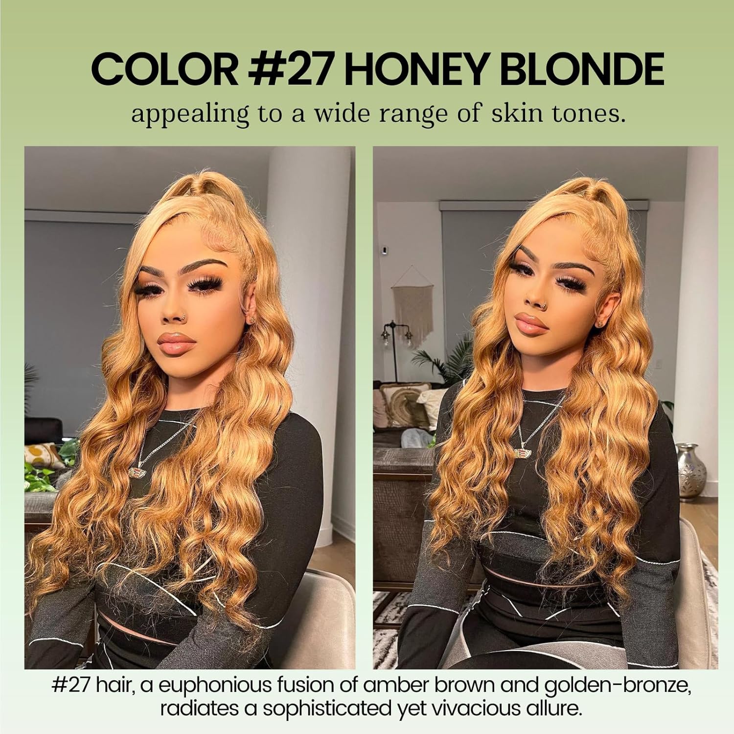 ALHER Honey Blonde Bundles with Frontal Human Hair Body Wave, 10A Color #27 Sun-kissed Vibe Golden Blonde Real human hair bundles with 13X4 HD lace frontal Closure Ear to Ear Melt Well 14 16 18+14 In - Image 2