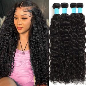 Water Wave Human Hair Bundles 18 20 22 24 Inch 100% Unprocessed Human Hair Wet and Wavy Bundles Human Hair 12A Brazilian Curly Wave Bundles Human Hair Natural Color (18 20 22 24)