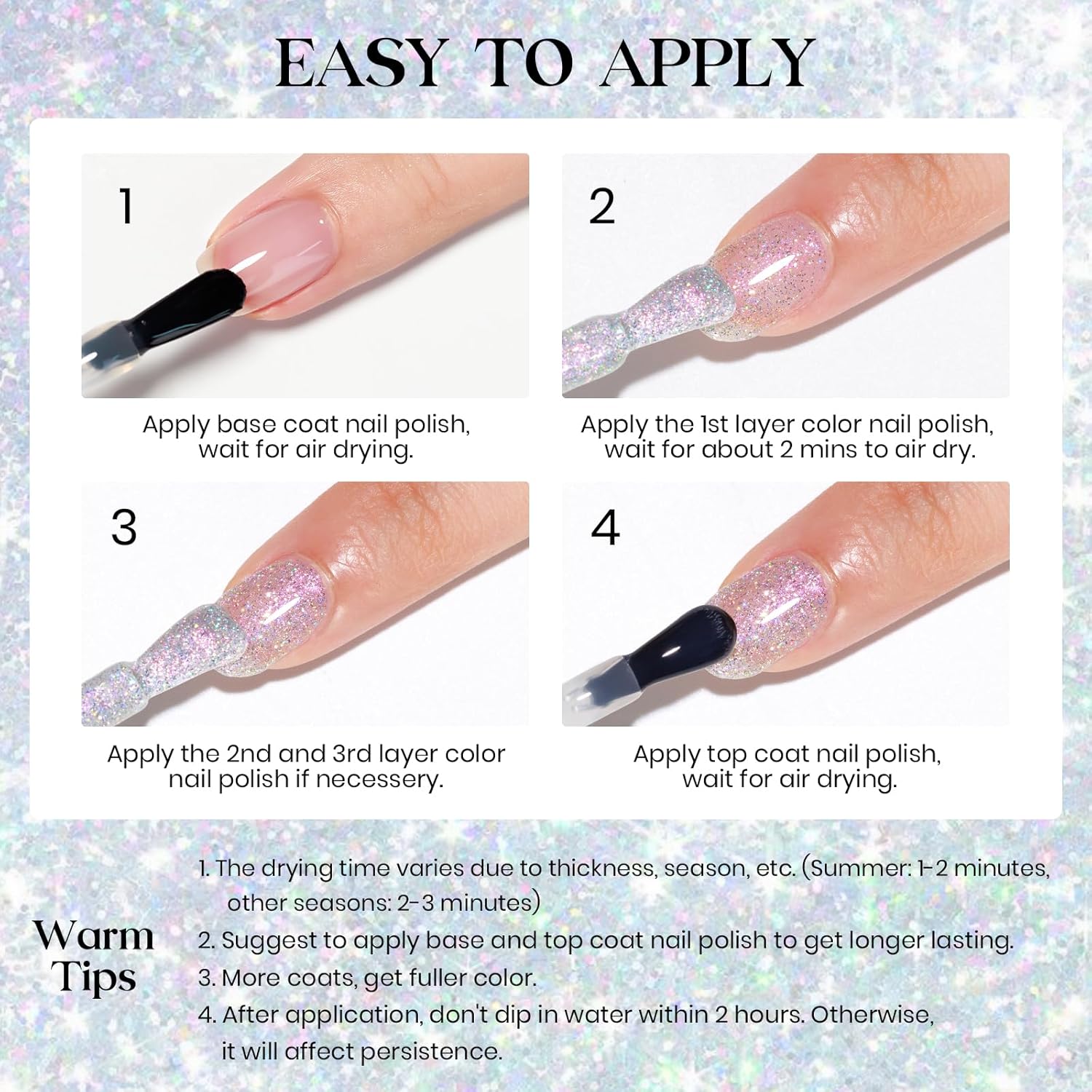 MIZHSE Rainbow Glitter Nail Polish, Quick Dry Iridescent Nail Polish, 15 ml 0.5 fl oz High Glossy Sparkle Shiny Nail Pigment Oil-based Nail Lacquer Nail Art Salon Manicure Home - Image 7
