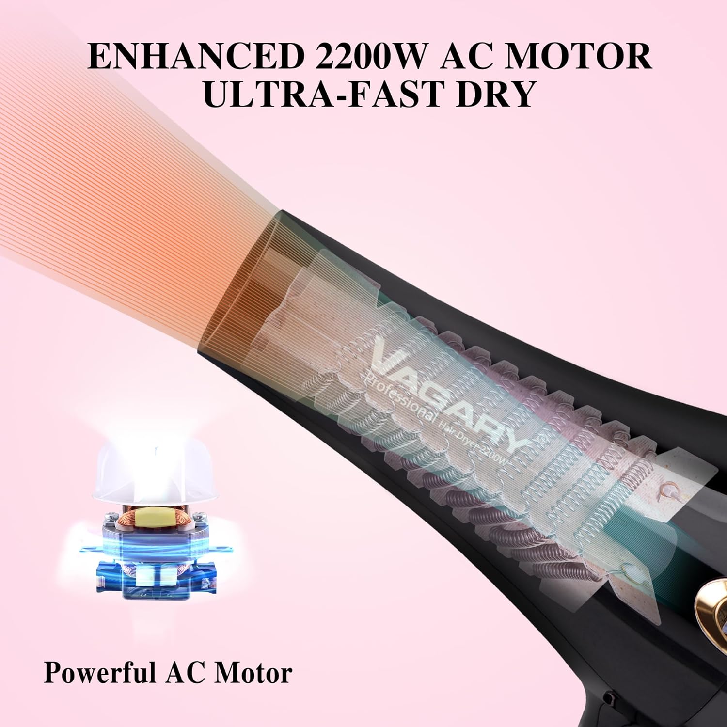 VAGARY 6685G Professional Salon Hair Dryer 2200w with Icd Display,Negative Ionic Blow Dryer,Powerful AC Motor Blow Dryer,Low Noise Hair Dryers,2 Speeds and 2 Heat Settings 1 Cool Shot Button - Image 3