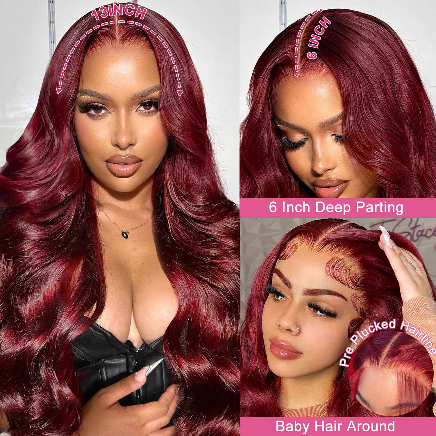 28 Inch 99J Burgundy Lace Front Wigs Human Hair 13x6 HD Transparent Body Wave Lace Front Wigs Human Hair Pre Plucked 99j Burgundy Red Wine Glueless Human Hair Wigs for Women - Image 2