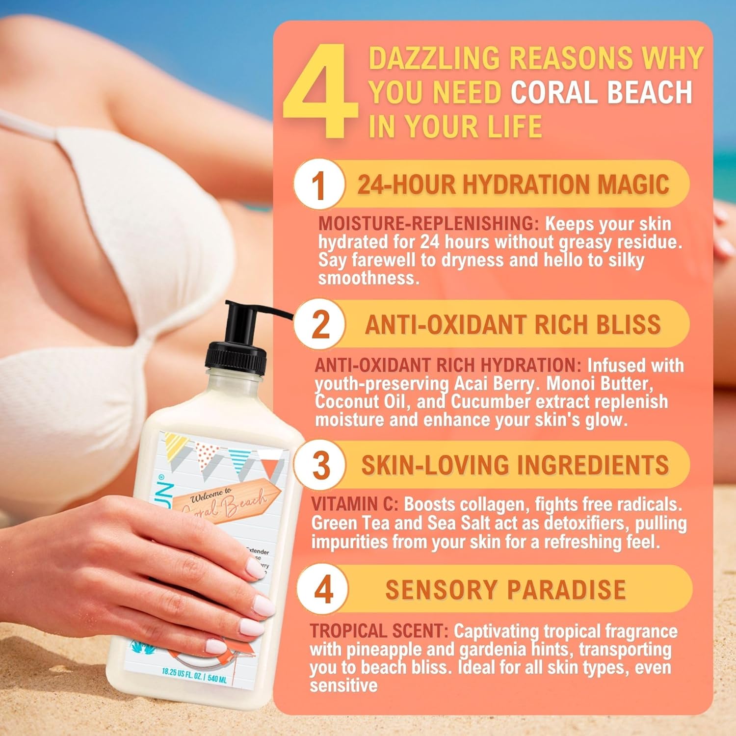 Coral Beach Daily Moisturizer, Tan Extender Lotion, for After Sun or Tanning Bed, Aloe Vera base, Hypoallergenic, Sensitive Skin, Great for Men and Women, Unisex Fresh Scent - Image 2