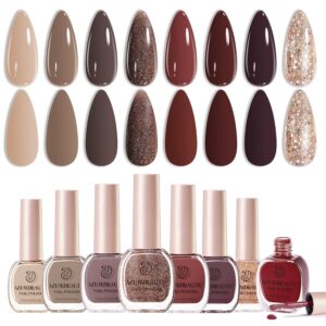 AZUREBEAUTY Brown Shades Champagne Glitter Nail Polish Set 8 Colors, Quick Dry Natural Nail Lacquer Strengthening Treatment Kit DIY Salon