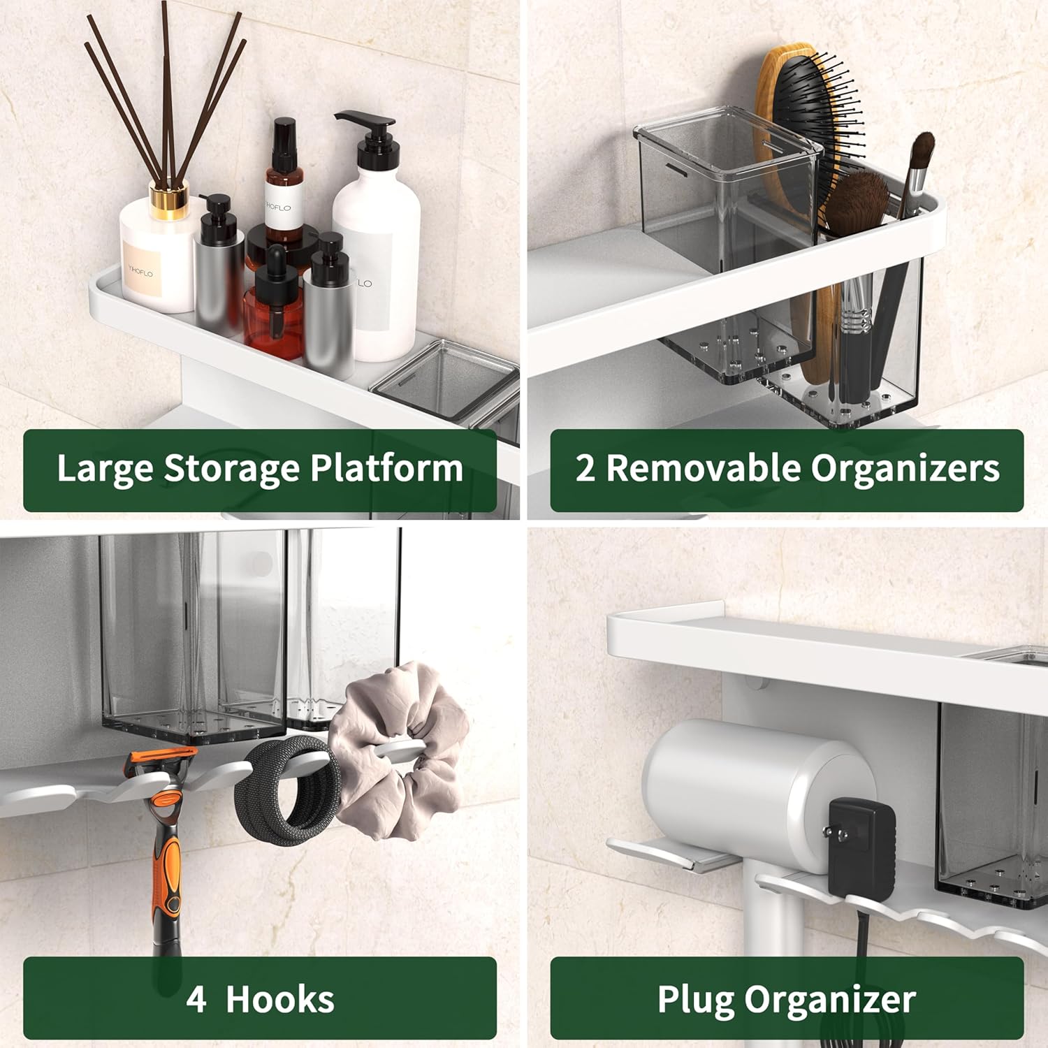 Hair Dryer Holder Wall Mounted Adhesive/Drilling, Storage Organizer With Shelf & Hooks, Rack for Bathroom, Blow Dryer Holder, Tool Organizer (White) - Image 3