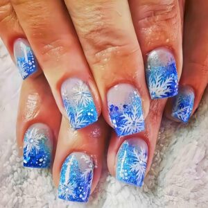 Christmas Press on Nails Short Square Fake Nails Glitter Gradient False Nails with Rhinestones Snowflake Design Holiday Winter Stick on Nails Blue French Tip Acrylic Nails for Women Nail Art DIY 24Pcs
