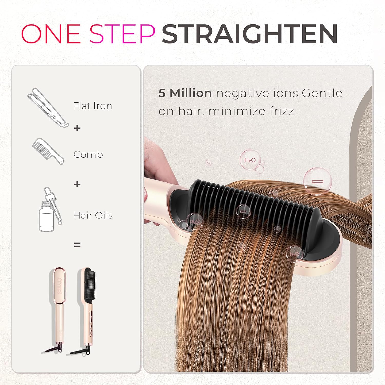 TYMO Ring Plus Ionic Hair Straightener Brush - Straightening Comb with Negative Ions for Women, Titanium Coating, 9 Temp Settings & LED Display, Dual Voltage, Professional Styling Tools, Gold Blush - Image 2