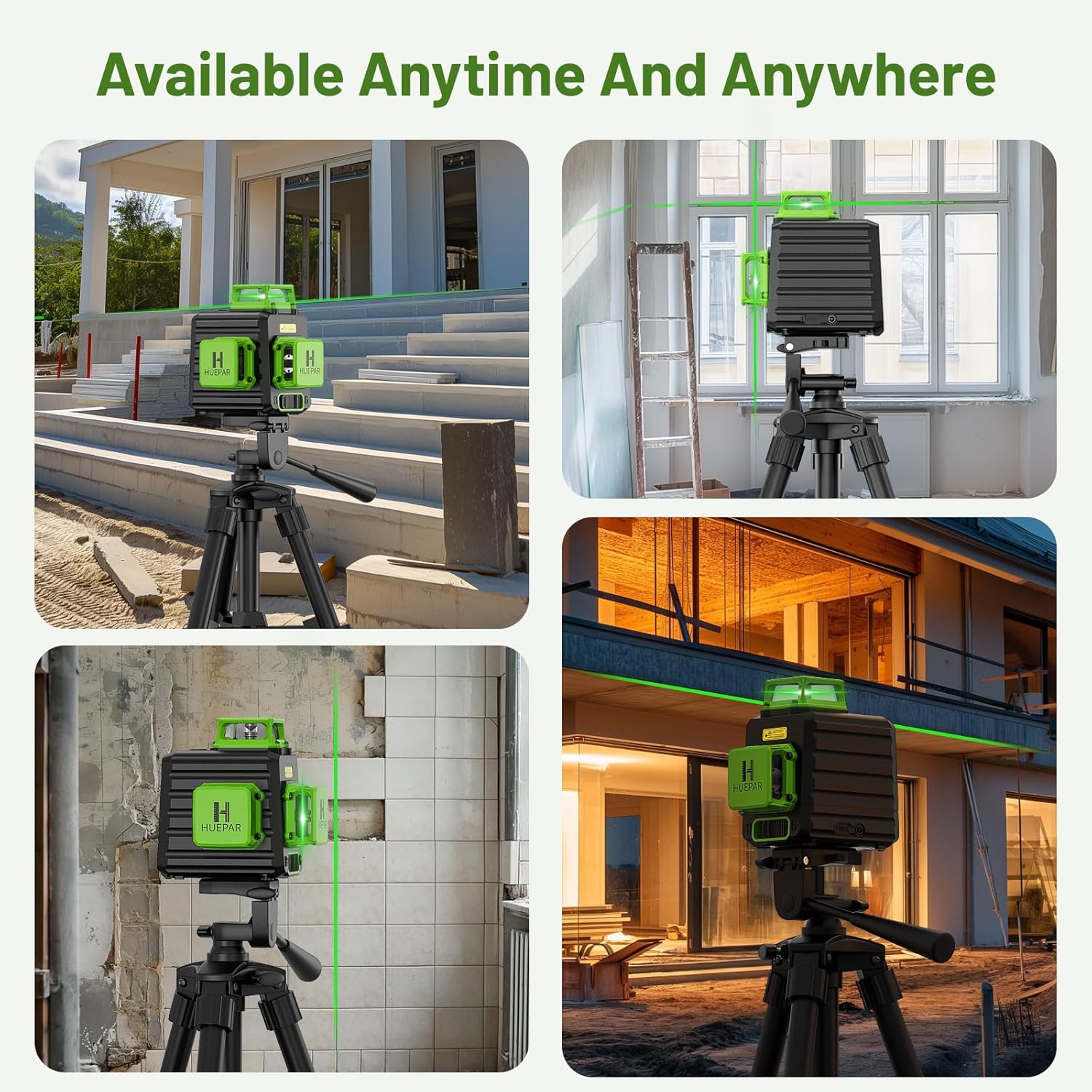 Laser Level 360 Self Leveling with 47" Tripod, Huepar 3x360° High Brightness Green Laser Leveler Tool for Construction, Tile and Picture Hanging, 5200 mAh Li-ion Battery & 2 Portable Bag Included - Image 7
