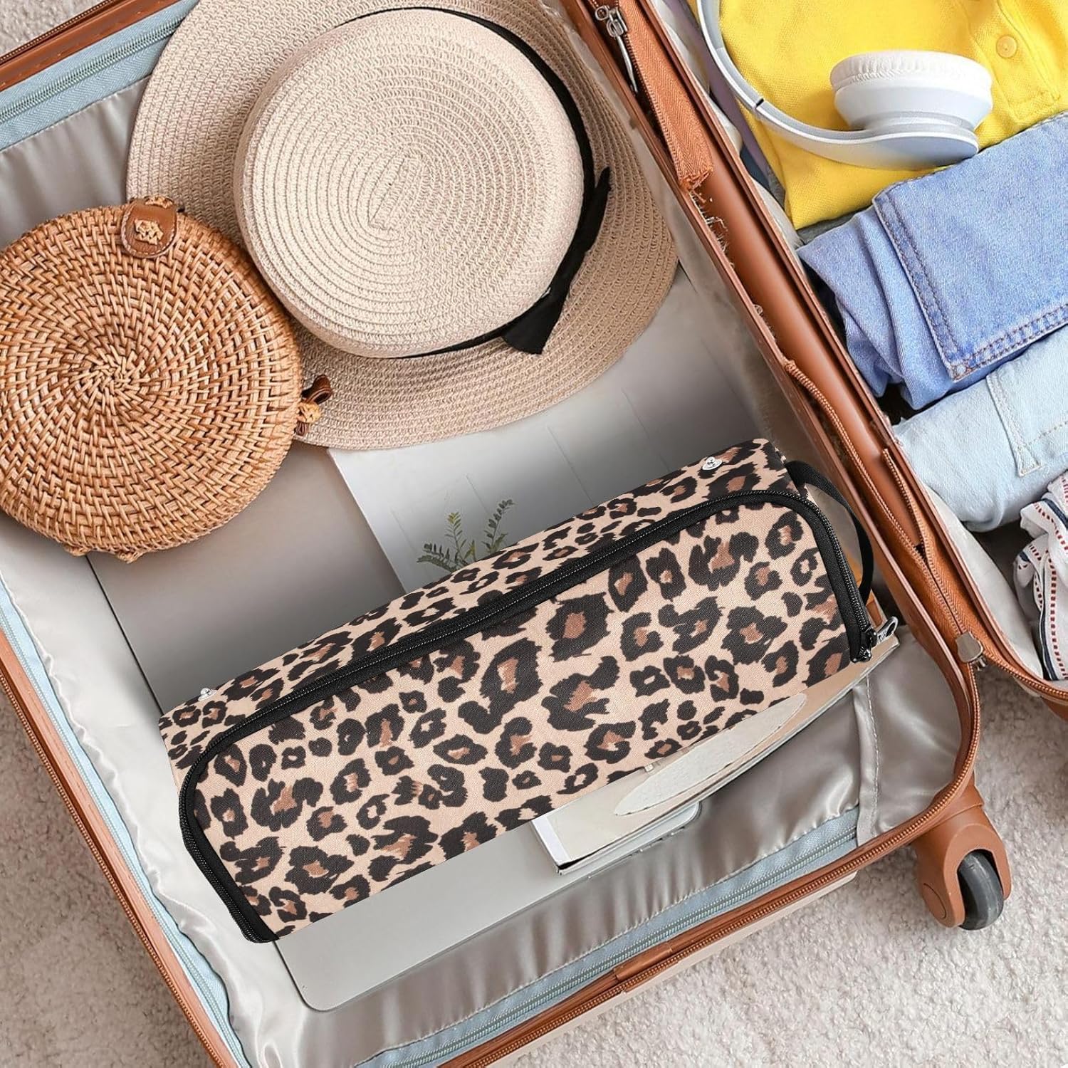 Leopard Print Brown Heat Resistant Travel Bag with Mat for Curling Irons - Image 8