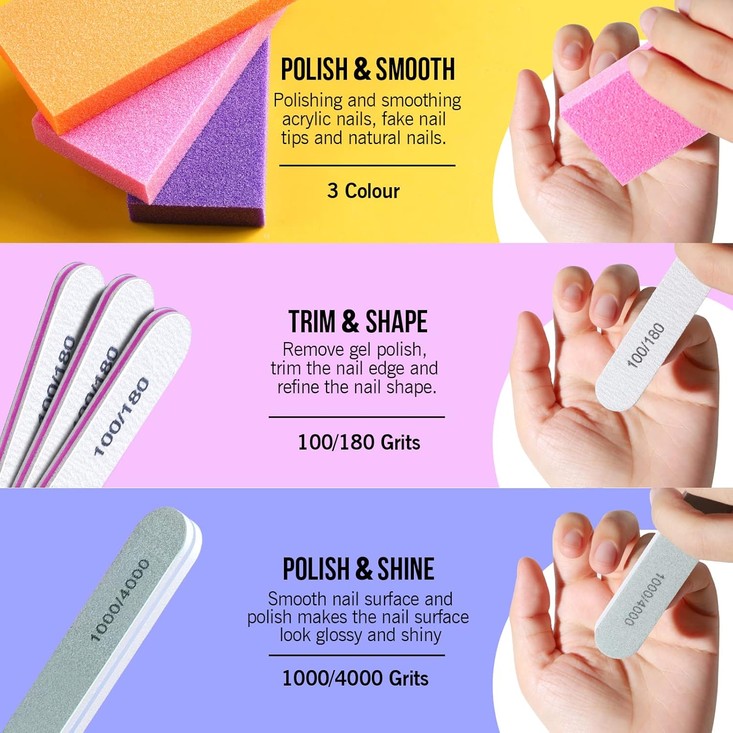 FANDAMEI Nail Buffers and Files - Professional Nail Care Kit with Rectangular Buffer Blocks, 100/180 & 1000/4000 Grit Files - Image 3