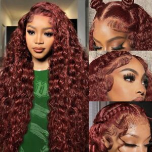 Reddish Brown Lace Front Wigs Human Hair 30 Inch Reddish Brown Curly Lace Front Wig 180 Density 33# Deep Wave 13x6 HD Lace Frontal Wigs Human Hair Pre Plucked for Women Auburn Colored Human Hair wig