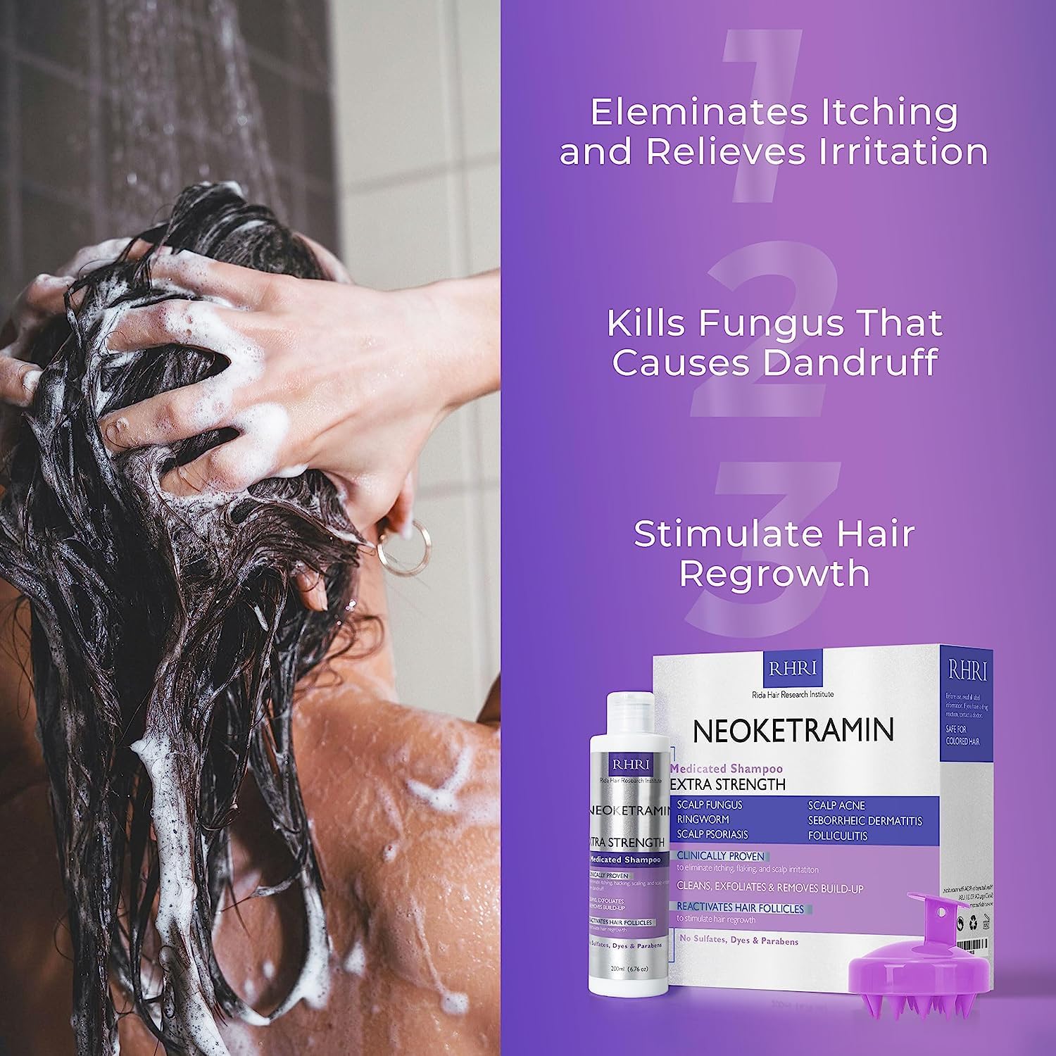 Anti Fungal Shampoo for Men & Women | Anti Dandruff, Medicated, Folliculitis Shampoo for Dry Scalp, Psoriasis, Ringworm | for Itchy, Flaky & Irritated Scalp | No Paraben & Sulphate | w/Scrubber Brush - Image 5
