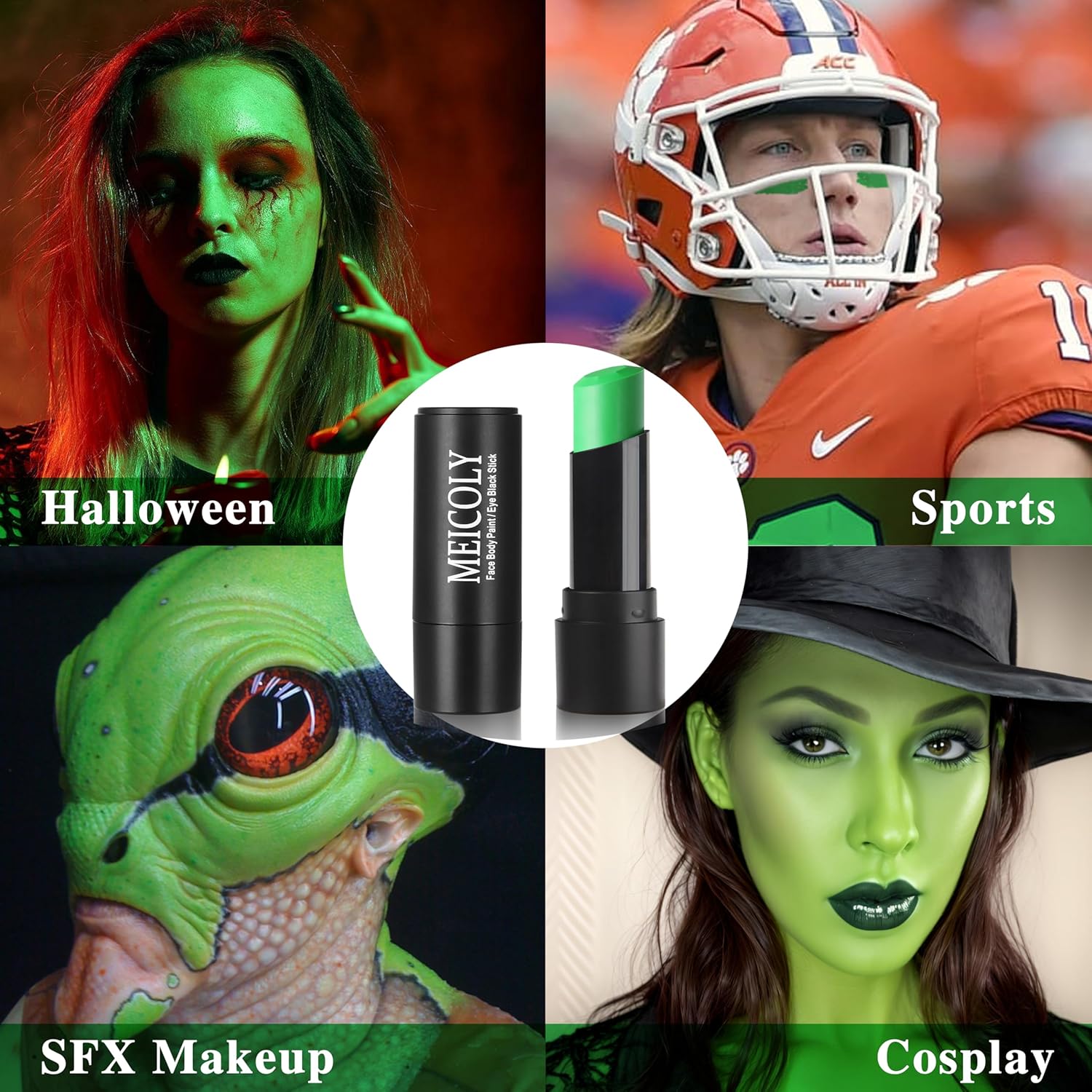 MEICOLY Lime Green Eye Black Stick,Waterproof Eye Black Baseball Softball Football Lacrosse,Hunting Camo Paint,Green Face Body Paint Stick for Halloween SFX Witch Hulk Cosplay Makeup - Image 6
