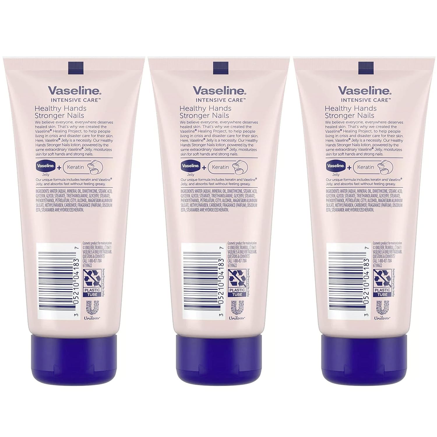 Vaseline Lotion, Healthy Hands Stronger Nails with Keratin 3-Pack – Intensive Care Hand Lotion with Petroleum Jelly, 3.4 Oz Ea - Image 2