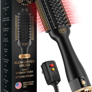 Blowout Brush Hair Dryer, Automatic Dual Voltage 3-in-1 Blow Drying Brush, Ionic Hair Straightener Comb w/No Heat Damage, Light 1.3lb Blowout Tool, Blow Dryer Curling Wand, Hot Air Styler for All Type