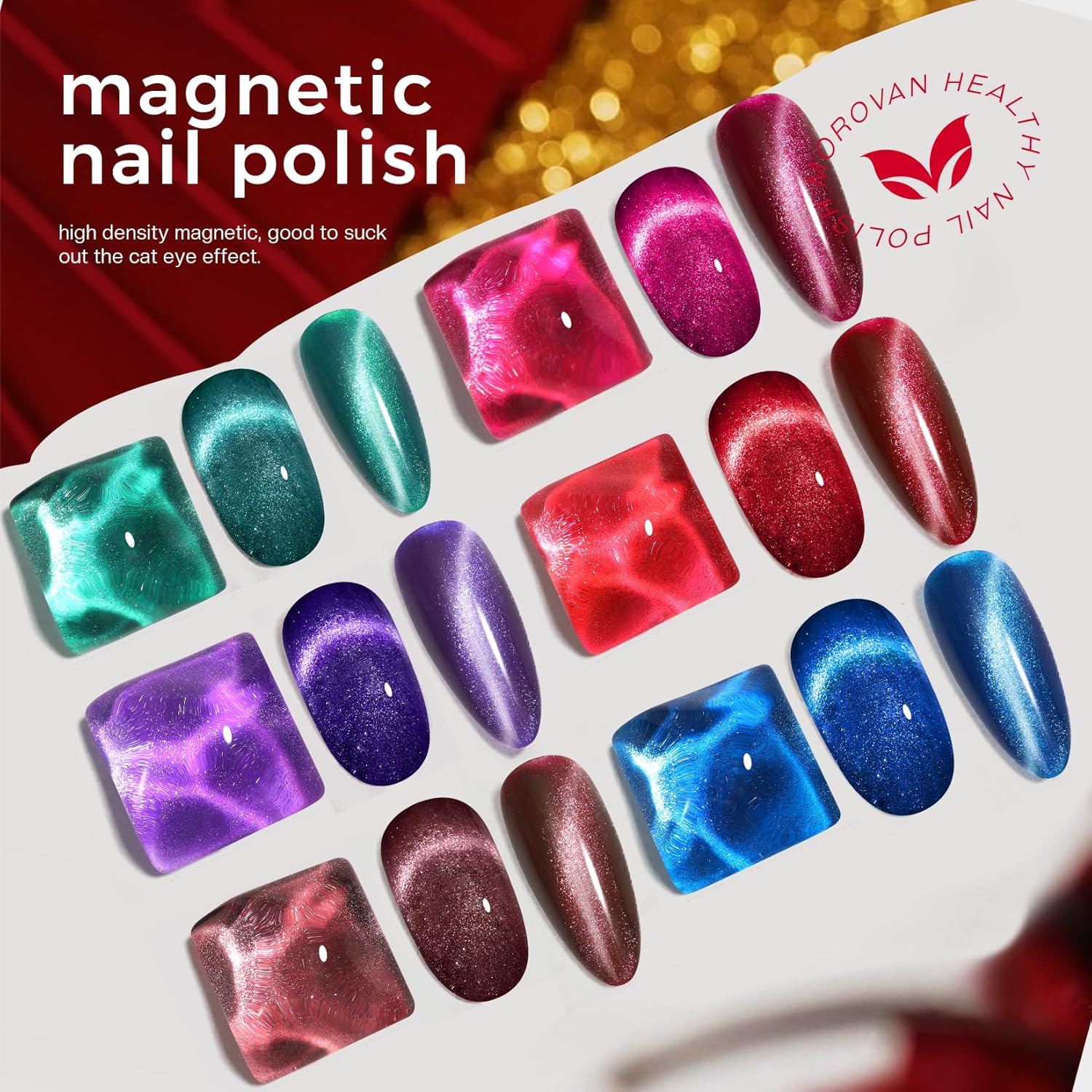 Morovan Magnetic Nail Polish Set:Cat Eye Glitter Red Green Purple Blue Nail Polish Kit Shimmer Quick Dry Nail Polish Bulk for Women Nail Art Manicure Salon Gift Holiday Party - Image 4