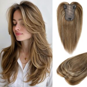 LONAI Real Human Hair Topper, 10 Inch 100％ Human Hair Toppers for Thinning Hair, Large Hand-woven area Coverage Natural Hairpiece Wiglet for Women Daily 5"x3.5" Silk Base-Medium Brown with Blonde