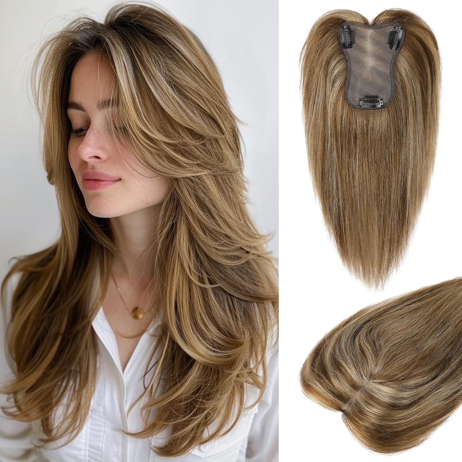 LONAI Real Human Hair Topper, 10 Inch 100% Human Hair Toppers for Thinning Hair, Large Hand-woven area Coverage Natural Hairpiece Wiglet for Women Daily 5"x3.5" Silk Base-Medium Brown with Blonde